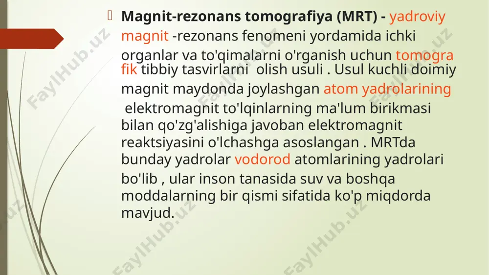 braun, robert f; tompson, maykl; venkatesan, ramesh. magnit-rezonans tomografiya: jismoniy tamoyillar va ketma-ketlik dizayni. - nyu-york: j. wiley & sons , 1999. - isbn 0-471-35128-8 . mansfild, p. biotibbiyotda nmr ko'rish: 2-qo'shimcha magnit-rezonansdagi yutuqlar: [ uzb. ] . - elsevier , 1982. - isbn 9780323154062 . eyichi fukusima. biotibbiyotdagi nmr: jismoniy asos. - springer science & business media , 1989. - isbn 9780883186091 . image1.jpeg image2.jpeg image3.gif image4.gif