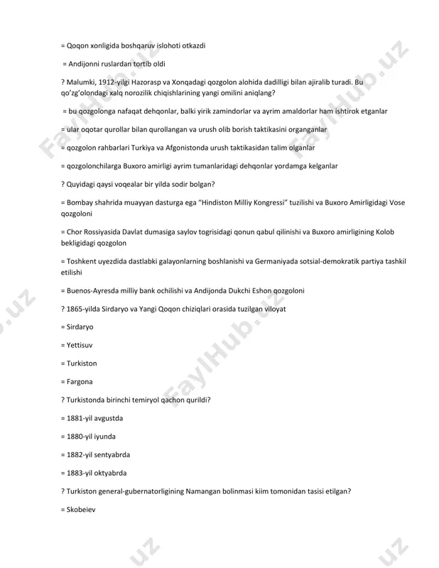 gi “nizom” bilan bir vaqtda qabul qilindi = birinchi jahon urushi boshlanishidan oldin uzoq munozaralardan keyin qabul qilindi = harbiy sud komissiyasi tashkil qilinishi bilan bir vaqtda kuchga kirdi ? rossiya imperiyasi nima maqsadda toshkentda oziga xos muassasa – mahkama joriy qildi? = imperiyaning mahalliy aholiga tasirini kuchaytirish maqsadida = fargona viloyatini boshqarish va nazorat qilish maqsadida = amudaryo bolimini boshqarish va nazorat qilish maqsadida = zarafshon okrugini boshqarish maqsadida ? orta osiyoni tashqi olamdan ajratib turuvchi pomir masalasi qachon o'z yechimini topdi. = 1893-yilda = 1889-yilda = 1891-yilda = 1895-yilda ? verniy shahri hozirgi qaysi shahar o’rnida joylashgan? = almati = ashxobod = jambul = orenburg ? 873-yil amudaryo bolimi tashkil qilinib, u qaysi viloyat tarkibiga kiritildi = kaspiyorti viloyati = sirdaryo viloyati = samarqand viloyati = toshkent uyezdi ? qachondan boshlab buxoro amirligida rus qishloqlari paydo bola boshladi. = 1886-yil = 1888-yil = 1880-yil = 1890-yil ? 1867-yilda …