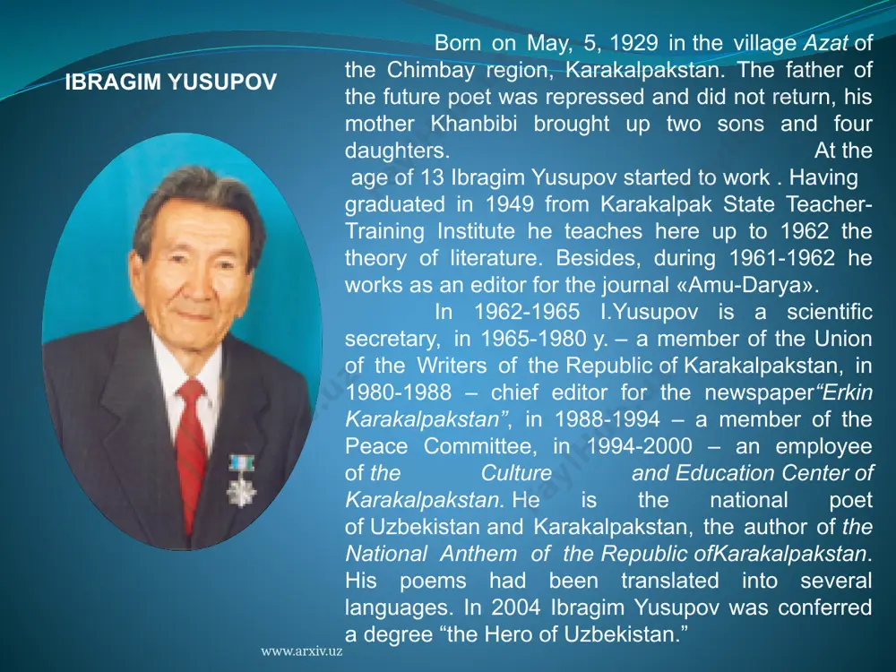 . in his works he sang of history, today’s life, national values and traditions of the people of karakalpakstan. he created such stories and novels, like “hello, teacher”, “ice drop”, “registrar”, “karakalpak girl”, “mamanbiy”, “unhappy,” “lost” trilogy “karakalpak poem,” his works took rightful place in treasurer of our literature. most of these works have been translated into many languages and won several prestigious literary awards. in the journalistic presentations of recent years of the famous writer, he emphasized the theme of strengthening the spiritual foundations of our independence, the mapping process of fundamental transformation and renovation carried out at karakalpak ground, chanting creative work of our magnanimous people and drew public attention to the problem of the aral sea. kaipbergenov’s hard work in the development of our literature was duly appreciated by the state. he was given the honorary titles of “people’s writer of karakalpakstan” and “people’s writer of uzbekistan”. …