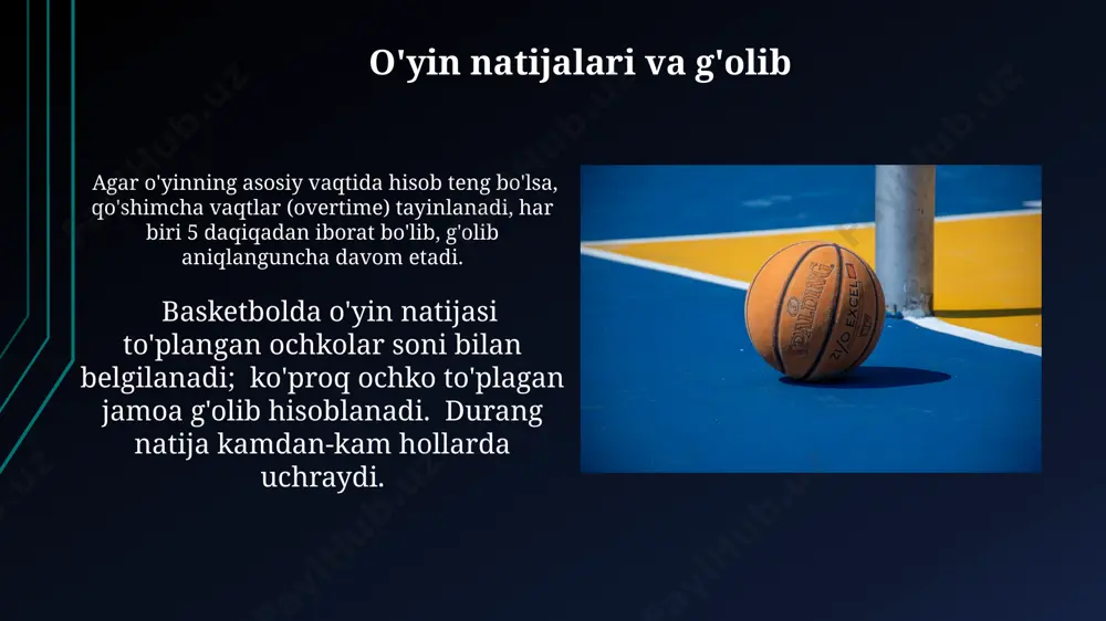 i o'tkaziladi. basketbol maydonchasining standart o'lchamlari fiba qoidalariga ko'ra, uzunligi 28 metr va kengligi 15 metrni tashkil etadi, shuningdek, uch ochkolik chiziqning masofasi hal qiluvchi ahamiyatga ega. e'tiboringiz uchun rahmat @taqdimot_robot image1.jpg image2.jpg image3.jpg image4.jpg image5.jpg image6.jpg image7.jpg image8.jpg image9.jpg image10.jpg image11.jpg image12.jpg