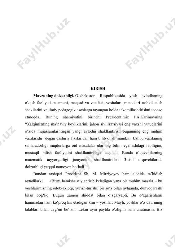 g avlodimiz, degan da’vat ularning qalbida doimo aks-sado berib, o‘zligiga sodiq qolishga undab tursin. bunga nimaning hisobidan erishamiz? tarbiya, tarbiya va faqat tarbiya hisobidan.» boshlang‘ich sinflarda matematika o‘qitish metodikasini takomillashtirishga bag‘ishlangan ilmiy adabiyotlar tahlili psixologik-pedagogik tadqiqotlarda boshlang‘ich sinflarda matematika o‘qitish samaradorligini oshirishning ilmiy taxlili birinchidan, axborotlarni boyitib borish orqali ta’lim mazmunini o‘zgartirish, didaktik elementlarni qatnashtirib o‘zlashtirish, (b.p.erdniyev, p.m.erdniyev), har bir fanning asosiy g‘oyasini ajratish (i.d.zverev, v.n.maksimova, r.a. mavlonova, a.abduqodirov, a.m.markushevich) nazariy bilimlarning rolini oshirish (v.v. davidov, a.k. markova, j.. ikromov, a.m. pishkalo, l.sh.levenberg, n.u.bikbayeva, e.yangibayeva, m.axmedov) yo‘nalishlarida amalga oshirilgan. boshlang‘ich sinf uchun darslik va o‘quv qo‘llanmalari (k.qosimova, r.a. mavlonova, l.sh. levenberg), o‘qituvchilar uchun qo‘llanmalar (m.i. mopo, a.m. pishkalo, l.sh.levenberg, n.u.bikbayeva) va o‘quvchilar uchun, tajriba-sinov qo‘llanmalari (m.ahmedov, n.abduraxmonova, r.ibragimov, y.m. kolyagin, p.m. erdniyev) mualliflari mashqlar to‘plami (o‘quv materiallari) orqali boshlang‘ich maktab o‘quvchilarining bilish faoliyatini shakllantirish mumkinligiga to‘xtalib o‘tishgan. didaktika va ta’lim metodikasiga bag‘ishlangan ishlarda (p.m.erdniyev, n.u.bikbayeva, l.sh. levenberg, r.a. mavlonova, k.qosimova …