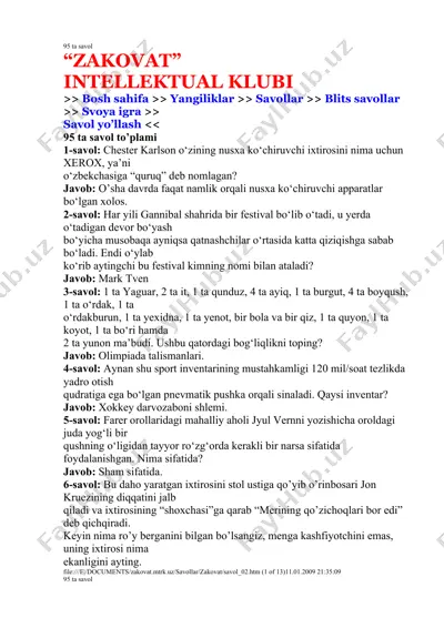 "intellectual club 'zakovat' 95 ta savol" — DOCX