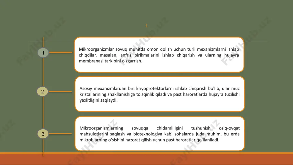 yar mexanizmlarni tushunish biotexnologiya va oziq-ovqat mahsulotlarini saqlash uchun qimmatli tushunchalarni berishi mumkin. ushbu sohadagi tadqiqotlar past haroratlarda mikroblar va ularning muhiti o'rtasidagi murakkab o'zaro ta'sirni ochishda davom etmoqda. 4 mikroorganizmlar sovuq haroratlarda omon qolish uchun turli strategiyalarni ishlab chiqdilar. bularga antifriz oqsillarini ishlab chiqarish, ularning hujayra membranalarini o'zgartirish va himoya biofilmlarini shakllantirish kiradi. past haroratning mikroorganizmlarga ta'sir qilish mexanizmi ularning metabolik jarayonlarini sekinlashtirish, ferment faolligini inhibe qilish va hujayra tuzilmalarini buzishni o'z ichiga oladi. natijada hujayralar harakatsiz holatga keladi yoki o'ladi. mikroorganizmlarning sovuqqa chidamliligini tushunish oziq-ovqat mahsulotlarini saqlash, farmatsevtika va atrof-muhit fanlari kabi turli sohalarda juda muhimdir. ushbu mexanizmlarni o'rganish ularning omon qolish qobiliyatlarini nazorat qilish yoki ulardan foydalanish strategiyalarini ishlab chiqishda yordam beradi. 5 mikroorganizmlar sovuq haroratlarda omon qolish uchun turli mexanizmlarni ishlab chiqdilar. bunday mexanizmlardan biri hujayralar ichida muz shakllanishiga to'sqinlik qiluvchi antifriz oqsillarini ishlab chiqarishdir. past haroratlar mikroorganizmlarning metabolik jarayonlarini ham sekinlashtirishi, ularning o'sishi va ko'payish …