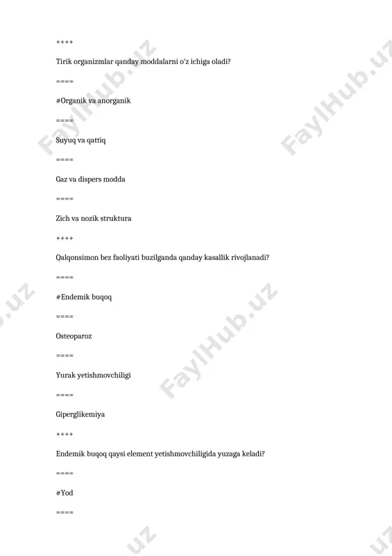 ay funktsiyani bajaradi? ==== # tish va suyak tuzilishini ta’minlaydi ==== elektronlarni tashiydi ==== polimerlarning sinteziga yordam beradi ==== faol fermentlarni bloklaydi ++++ temirning biologik roli qanday? ==== # temir, gemoglobin va miyoglobin tarkibida bo‘lib, kislorod tashuvchi vazifasini bajaradi ==== temir faqat eritma shaklida mavjud ==== temir faqat kimyoviy energiya ishlab chiqarish uchun ishlatiladi ==== temir faqat metallarning bog‘lanishida ishlatiladi ++++ kalsiy va magniy o‘rtasidagi farqni tushuntiring. ==== #kalsiy suyaklarning asosiy tarkibiy qismi, magniy esa fermentlarning aktivatoridir ==== kalsiy faqat energiya ishlab chiqarish uchun ishlatiladi, magniy esa faqat elektrolit sifatida ishlatiladi ==== ular bir-birini to‘ldirib turadi, lekin o‘zaro ta’sir qilmaydi ==== kalsiy va magniy faqat birikmalar hosil qiladi, o‘zaro ta’sir qilmaydi ++++ biosistemalarda kislota-asos muvozanati qanday saqlanadi? ==== #bufer tizimlari yordamida ==== faqat biologik qoplama orqali ==== hujayra membranasining nozik muvozanati orqali ==== suvning yuqori konsentratsiyasi orqali ++++ biosistemalarda kislota-asos muvozanatining muhimligini qanday tushuntirish mumkin? ==== #bu organizmning normal metabolizmini …