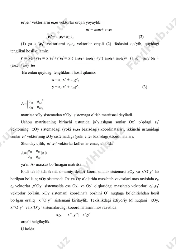 ixtiyoriy m nuqtani oxyz sistemadagi koordinatasi x,y,z , shu nuqtani o`x`y`z` sistemasidagi koordinatalari orqali quyidagicha ifodalanadi: x = a11x` + a12y`+a13z`+ a1, y = a21x` + a22y`+a23z`+ a2 (8) z = a31x`+a32y` +a33z` +a3. fazoda bir to`g`ri burchakli dekart koordinatalar sistemasidan boshqa bir to`g`ti burchakli dekart koordinatalar sistemasiga o`tish. agar fazoda ikkita oxyz va o`x`y`z` to`g`ri burchakli dekart koordinatalar sistemasi kiritilgan bo`lsa, u holda fazodagi ixtiyoriy m nuqtaning oxyz dagi koordinatasi x,y,z va o`x`y`z` dagi x`,y`,z` koordinatasi orqali quyidagicha ifodalanadi: x = x`cos1+y`cos2+z`cos3 +x0, y = x`cos1+y`cos2+z`cos3 +y0, z = x`cos1+y`cos2 +z`cos3 +z0 . bunda 1, 1, 1, 2, 2, 2, 3, 3, 3 – ox,oy,oz,o`x`,o`y`,oz` o`qlar orasidagi burchaklar ox oy oz o`x` 1 1 1 o`y` 2 2 2 o`z` 3 3 3 x0,y0,z0 esa o` nuqtani oxyz sistemadagi koordinatasi. eyler burchaklari. umumiy koordinata boshiga ega bo`lgan oxyz va ox`y`z` to`g`ri burchakli dekart koordinatalar sistemalarini almashtirish quyidagi formula bilan …