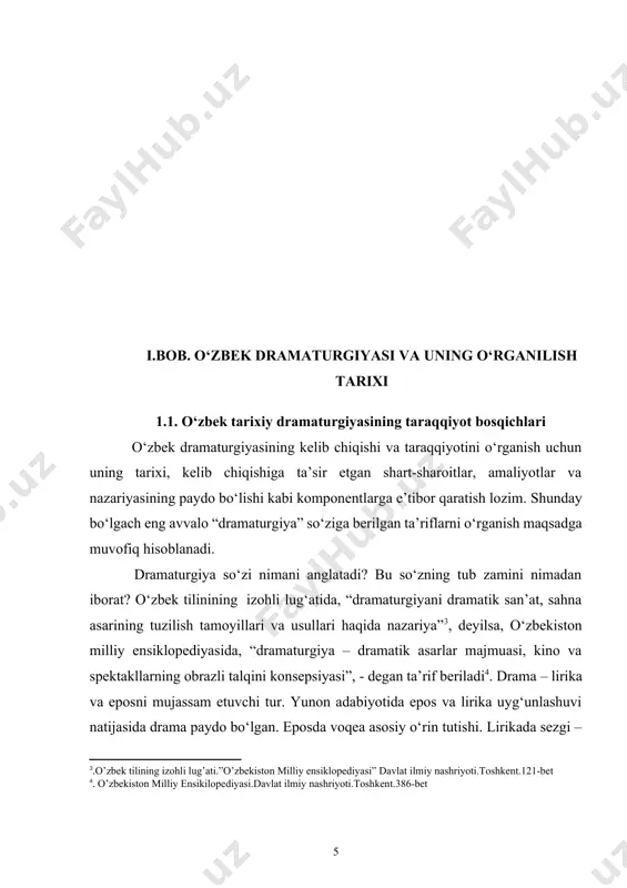 atlari va nutqi orqali ochiladi. dramatik asarlar sahnaga moslab yoziladi”[footnoteref:6]. dramaturgiya badiiy asar sifatida faqat teatrda jonlanishini nazarda tutib, teatr san’atining yuzaga kelishi masalalariga to‘xtalish lozim. agar dramaturgiyani obrazlar xarakterlari va harakatlari deb qaraydigan bo‘lsak, unda sahnada yaratiladigan obrazlarning poydevori dramaturg fantaziyasi deyish mumkin. dramaturgiyaning barcha komponentlari dramatik obraz asosi bo‘lgan maqsad sari bo‘lgan harakatini tan olishga undaydi, yanada sodda qilib aytilsa, dramaturgiya qonunlari asosida sahnalashtirish uchun yaratiladigan asar drama deyilsa maqsadga muvofiq hisoblanadi. drama teatrda rejissor rejasi va talqini yordamida spektakl shaklida amalga oshiriladi. [6: imomov.b, jo'rayeva.o'. o'zbek dramaturgiyasi tarixi.-t.:o’qituvchi,1995,5-bet.] badiiy adabiyotning mavjud bo‘lgan uch turi – epos, lirika, dramatikadan iborat bo‘lganligini e’tirof etgan holda, dramaturgiyaning ham uch turi: tragediya, komediya va drama ( tor ma’noda) janrlari haqida batafsil fikr yuritiladi. bu janrlarni tahlil qilishdan avval dramaturgiya – drama degan fikrni anglash juda o‘rinli hisoblanadi. dramani – harakatlantiruvchi, harakat deguvchilar fikrida asos bor. chunki, harakatsiz drama vujudga kelmaydi. shu …