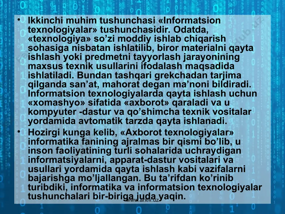 lib, tayoqchalar turli-tuman shakllar bilan o’yilgan. kishilar birka yordamida podadagi mollar sonini, yig’ib olingan hosil miqdorini, qarz va hokazolarni hisoblashgan. hisoblash ishlarining murakkablashuvi esa yangi hisoblash asboblari va usullarini izlashni taqozo etardi. ana shunday ehtiyoj tufayli vujudga kelgan va ko’rinishidan xozirgi cho’tni eslatuvchi abak asbobi hisoblash ishlarini birmuncha osonlashtirdi. dastlabki hisob asboblaridan yana biri raqamlar yozilgan bir qancha tayoqchalardan iborat bo’lib, shotlandiyalik matematik jon neper nomi bilan atalgan. neper tayoqchalari yordamida qo’shish, ayirish va ko’paytirish amallari bajarilgan. keyinroq bu asbob ancha takomillashtiriladi va nihoyat logarifmik chizg’ich yaratilishiga asos bo’ladi. www.arxiv.uz www.arxiv.uz mexanik davr. hisoblash texnikasida mexanik moslamalar davrini boshlab bergan mashinalardan biri nemis olimi vilgelm shikkard tomonidan 1623 yili ixtiro qilindi. biroq, bu hisoblash mashinasi juda tor doiradagi kishilargagina ma’lum bo’lganligi sababli uzoq vaqtlargacha bu boradagi birinchi ixtirochi 1645 yili arifmometr yasagan fransuz matematigi blez paskal deb hisoblanib kelingan. lekin, 1958 yili shtutgart shahri kutubxonasida i. keplerning qo’lyozma va hujjatlari …