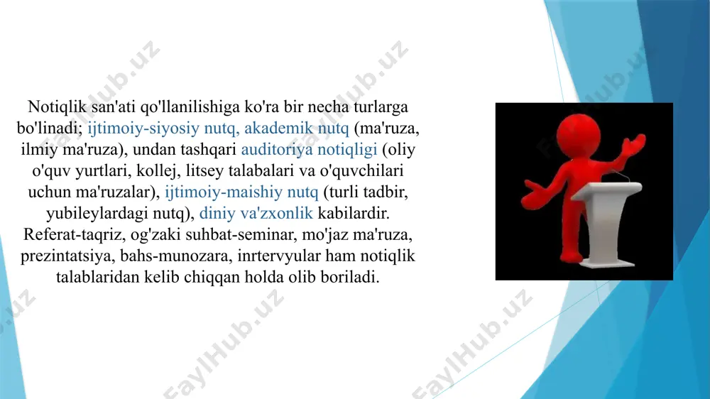 b olishga engillik yaratsin. buning uchun esa nutqni aniq qismlarga bo'lish lozim. har qanday sohada ham nutqning muvaffaqiyatini bilish hal etadi. agar notiq o'z nutqi qaratilgan sohani yaxshi bilmasa, u qanchalik san'atkor bo'lmasin, o'z tinglovchisini jalb etolmaydi. siseronning notiqlik san'ati nazariyasi va tarixiga oid uchta asari ma'lum: > va > (yoki «taniqli notiqlar haqida»). notiqlik san'atida tinglovchilarni ma'lum maqsadga jalb qilish asosiy o'rin tutadi. shu sababli ham professor v.d.kudryavtsev notiqlik nutqiga shunday izoh beradi: “har qanday og'zaki nutq notiqlik nutqi bo'lib, u nimanidir tushuntirish va isbotiasnnigina emas, balki tinglovchilari tushunchasiga ta'sir etishini ham maqsad qilib oladi" (kudryavtsev v.l). osnova oratorskogo iskustva. irkutsk. 1966. s.3). notiqlik san'ati notiq uchun oldindan qanday so'zlash sxemasi va rejasini bermaydi va bu tip nutq doimo ham oldindan tayyorlangan, tayyorgarlik ko'rgan nutq emas, nutq madaniyati sohasi esa jamiyat a'zolarini ona tili, ya'ni adabiy til boyliklari va vositalaridan maqsadga muvofiq, sharoit va uslub taqozasi talabiga ko'ra o'rinli …