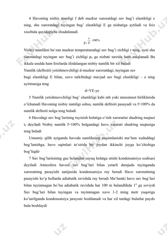 b turadi bulutlar quyosh radiatsiyasining ancha qismini qaytaradi va yutadi, yergacha tushgan quyosh radiatsiyasi orqali tuproq, havo va suv havzalarining issiqlik rejimini o’zgartiradi bundan tashqari bulutlar yerning atmosferaga tarqaladigan nurlanishini kamaytiradi, ya‘ni yer sirtining issiqlik nurlanishining ancha qismini tusib qoladi masalan, kundazgi bulutli kunlar bulutsiz bulgandagiga qaraganda ancha sovuq buladi chunki, bulutlar quyosh radiatsiyasi miqdorini yerga kamaytirib utkazadi kechasi havo ochiq bulganda esa, ob-havo bulutli kechaga qaraganda sovuqroq buladi chunki, tungi bulutlar yerning sovub ketishiga tusqinlik qiladi bulutlar hosil bulishining sabablari har-xil bulsada, ulardan asosiysi atmosferada yuqoriga kutarilayotgan havo massalarining adiabatlik sovishidan iboratdir bulutlar ob-havoni oldindan aytishda muhim meteorologik elementlar sifatida xizmat qiladi kuzatuvchi turgan joyda osmon gumbazidagi bulutlar tuplamiga bulutlilik deyiladi atmosferada sodir buladigan bulutlar holatini kuzatishda bulutlarning miqdori, shakli va turi (har xil ko’rinishi), yerdan balandligi aniqlanadi osmonning bulut bilan qoplanish darajasini bulut miqdori deb yuritiladi bulut miqdori 10 ballik shkala boyicha belgilanadi osmonda bulut yuq bulganda «o» …