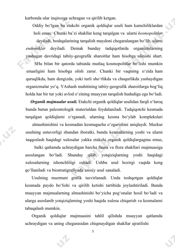 bilan aniqlangan muayyan etalon geologik kesmalar bilan taqqoslash orqali amalga oshiriladi. ammo ko‘p hollarda bir litologik tarkibdagi qatlamlarning turli joydagi yoshi sinxron bo‘lmaydi. bu litostratigrafik usulning asosiy kamchiligi hisoblanadi. bunda qatlamlar yaqin masofalardagina o‘zaro taqqoslanishi mumkin. ritmostratigrafik usul - geologik hodisalar davriyligini va qatlamlarning stratigrafik ketma-ketligini cho‘kindi to‘planish ritmlarini aniqlash yo‘li bilan o‘rganish usuli. masalan, flish, ko‘mirli va tuzli formatsiyalarning siklotemalari (ritmlari), muz va muzoralig‘i gorizontlari, tasmali gillarda yil qatlamchalarining geoxronologik, daraxtlarning yillik halqalarini (dendroxronologiya) hisoblash va boshqa usullar. ritmostratigrafiya usuli iqlimstratigrafiya kabi biostratigrafiya usulini sezilarli darajada to‘ldiradi. v.i.popov bo‘yicha ritmostratigrafiya – bu ritmoseriyalarni hamda magmatizmning fazoviy shakllarini ajratishga yordam beruvchi fatsial-siklik (fatsial-ritmik) tahlil asosida kesmalarni stratigrafik tabaqalashdir. ritmostratigrafik tabaqalashda ritmlarning geologik kompleks (gk), ritmokompleks (rk), ritmotolsha (rt), ritmosvita (rs) va ritmopachka (rp) kabi taksonomik birliklari ajratiladi. cho‘kindi yotqiziqlar kesmasidagi ritmiylik ular hosil bo‘lish davridagi magma-tektonik faollik xususiyati bilan bevosita bog‘liq. masalan, geologik kompleks biron-bir tog‘ burmalanish bosqichini (kaledon, gersin, …