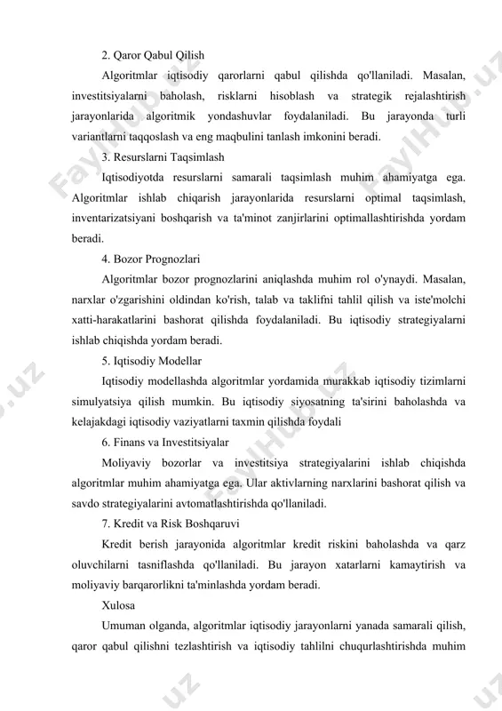 da innovatsiyalar yaratadi. quyida algoritmlar va akt ning o'zaro aloqasi haqida batafsil ma'lumot keltirilgan. 1. algoritmlar va dasturlash algoritmlar dasturlash tillarida kod sifatida ifodalanadi. dasturchilar muayyan vazifalarni bajarish uchun algoritmlar yaratadi va ularni dasturlash tillarida amalga oshiradi. bu jarayon aktning asosiy tarkibiy qismlaridan biri bo'lib, dasturlar, ilovalar va tizimlarning asosiy funksiyalarini belgilaydi. 2. ma'lumotlarni olib borish va tahlil qilish akt yordamida katta hajmdagi ma'lumotlar to'planadi, saqlanadi va tahlil qilinadi. algoritmlar bu ma'lumotlardan foydali ma'lumotlarni chiqarish, statistik tahlil qilish va qaror qabul qilish jarayonlarini optimallashtirishda muhim rol o'ynaydi. masalan, ma'lumotlar bazalarida qidiruv algoritmlari ishlatiladi. 3. internet va tarmoq texnologiyalari internet va tarmoq texnologiyalarida algoritmlar ma'lumotlarni uzatish, xavfsizlikni ta'minlash va tarmoqni boshqarish kabi vazifalarni bajaradi. masalan, ma'lumotlarni shifrlashda va uzatishda kriptografik algoritmlar qo'llaniladi, bu esa axborot xavfsizligini ta'minlaydi. 4. sun'iy intellekt va machine learning sun'iy intellekt va machine learning algoritmlari aktning eng zamonaviy sohalaridan biridir. bu algoritmlar yordamida kompyuterlar ma'lumotlardan o'rganadi, qarorlar …