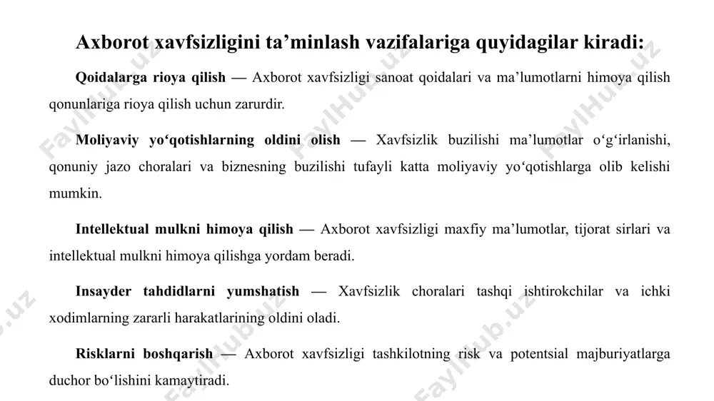 ishlatilishi mumkin. masalan, meltdown va spectre kabi apparat zaifliklari muhim ma’lumotlarga kirish uchun protsessor mikroarxitekturasidagi kamchiliklardan foydalanadi. konfiguratsiya zaifliklari. tizimlar, tarmoqlar yoki ilovalardagi notoʻgʻri konfiguratsiyalar koʻzda tutilmagan xavfsizlik teshiklarini yaratishi mumkin. standart parollar, keraksiz ochiq portlar va kirishni boshqarishning notoʻgʻriligi konfiguratsiya zaifliklariga misoldir. tahdidlarni har xil turlari kiberjinoyatchilar. bular moliyaviy daromadga asoslangan shaxslar yoki guruhlar. ular oʻz maqsadlaridan pul yoki qimmatbaho vositalarni olish uchun xakerlik, fishing va toʻlov dasturi hujumlari kabi faoliyat bilan shugʻullanadilar. xakerlar. xakerlar mafkuraviy yoki siyosiy e’tiqodlarga asoslangan. ular harakatlariga qarshi boʻlgan tashkilotlar yoki shaxslarni nishonga oladi va oʻz manfaatlarini koʻzlash uchun operatsiyalarni yoki maxfiy ma’lumotlarning sizib chiqishini buzishga harakat qiladi. milliy-davlat aktyorlari. davlat tomonidan qoʻllab-quvvatlanadigan tahdid aktyorlari hukumatlar va razvedka idoralari nomidan ishlaydi. ular milliy manfaatlar uchun kiber josuslik, sabotaj yoki ma’lumotlarni oʻgʻirlash bilan shugʻullanadilar. insayderlar. insayderlar - tizim va ma’lumotlarga kirish huquqidan shaxsiy manfaat yoki zararli maqsadlarda foydalanadigan tashkilot ichidagi shaxslar. ular xodimlarning noroziligidan tortib, …