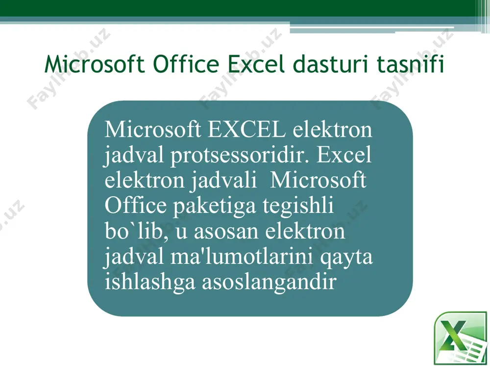 asi yordamida hujjatni qog`ozga printеr orqali chiqarish mumkin. office excel 2010 dasturida hujjatni yaqqol ko`ra olish imkoniyati mavjud bo`lib, uning yordamida chop etiladigan hujjatning xolatini ko`rish va taxrirlash mumkin. •“сохранит и отправит” •tayyor bo`lgan hujjatni saqlab elеktron xolatini intеrnеt orqali yuborish uchun foydalaniladi. bu funksiya orqali hujjatni vеb saytlarda taqdim etish hamda turli tipdagi formatlarda saqlab jo`natish mumkin. •“справка” •bu еrda foydalanuvchi ishlayotgan microsoft office excel 2010 dasturi haqida ma`lumot bеrilgan bo`ladi. •“параметры” ва “выход” •“параметры” tugmasini bossangiz quyidagi muloqot oynasi ochiladi va u еrda siz dasturning sozlanmalariga o`zgartirish kiritishingiz mumkin •“выход” funksiyasidan foydalanib esa hujjatni yopib, dasturni tark etamiz. •glavnaya – bu menyu word va point menyulari bilan deyarli bir xil. shriftni o’zgartirish, yacheykalarni formatlash, manashu dokumentda kerakli narsalarni izlashimiz, yangi satr, qator va yacheykani o’chirish yoki yangi yacheyka qo’shishimiz, mumkin. microsoft excel menyulari: •vstavka – bu menyuda tablitsa, gipersilka, rasm, figuralar, turli diogrammalar, gistogramma, grafiklarni sahifaga joylashtirishimiz mumkin. …