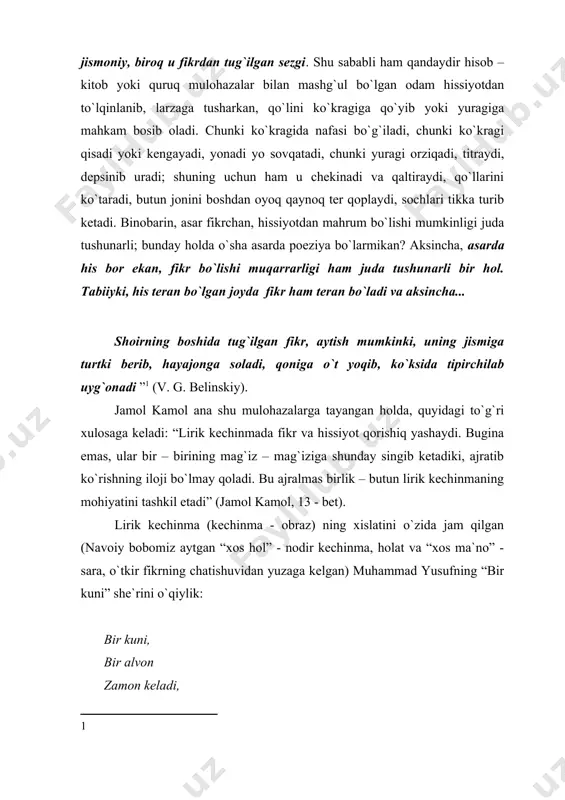 o`plar adirlarda bug`doy o`radi, tanklar dalalarda paxta teradi. millatlar, elatlar, oq tan, qora tan – hammasi hazrati inson bo`ladi. olam guliston bo`ladi bir kuni... —shoirlar-chi, bobo, shoirlar nima bo`ladi? —shoirlarning shodlikdan yuraklari yorilib o`ladi! ko`rayapsizki, she`rda shoir zamin uzra kelajakda “hazrati insonlar” jamiyatining, komil insonlar dunyosining yuzaga kelishini orzu qiladi. uning “bir kuni olam guliston bo`lishiga” ishonchi to`liq. orzu va ishonch tuyg`ulari shunchalik samimiy, shunchalik yuquvchanki, shoir bilan nevara o`rtasidagi dialogdan, undagi topqirlikdan (hazildan) qalbingiz o`rtanadi. she`r bir oniy fikr va hisning mahsuli, mahsuli bo`lganda ham yaxlitliligi – jonliligi bilan maftun etuvchi, ohangi bilan dilni qitiqlovchi bo`lgani sabab – bir zumlik “harorat” bilan uzoq yillarni, umrlarni “isitadi”, boyitadi, orzularga qanot beradi, ishonchlarni mustahkamlaydi. shuning uchun ham she`r doimo musiqiydir, doimo vaznlidir, ritmika, qofiya, band jihatdan uyushgandir. doim samimiydir, doim ta`sirdordir, doim jozibadordir. lirikaning subyektivligidan – ya`ni hayotni, insonlar olamini faqat shoir shaxsi orqaligina anglashimizdan shunday xulosa kelib chiqadi: lirik asar …