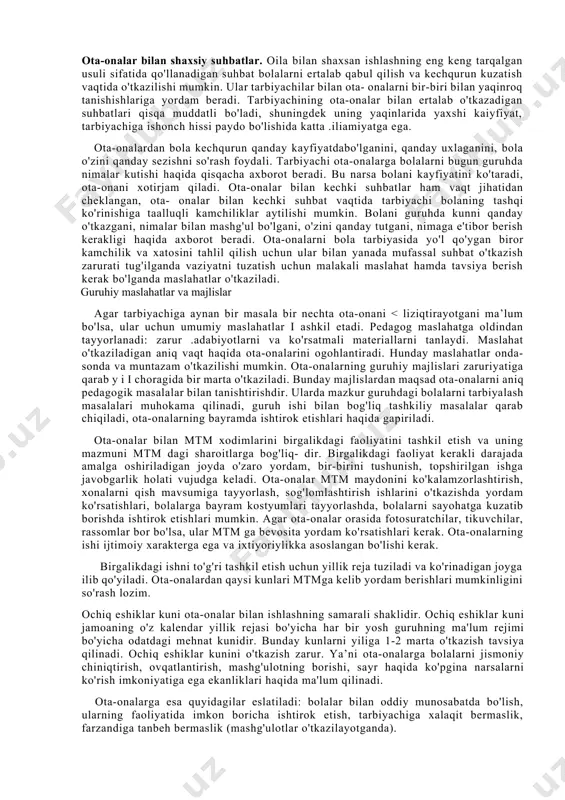 gi fikrlarning chuqur mazmunini va amaliy ahamiyatini uning quyidagi so'zlaridan bilib olish mumkin. bolaning xulqini mo'tadillikda saqlashga alohida e’tibor berish kerak. unga esa bolalarni qattiq g'azablanishdan, qo'rqish, xafalik, uyqusizlikdan saqlash orqali erishiladi. bolani xohlagan va foydali narsasini darhol topib berishga hamda sevmagan narsasini ko'zdan uzoqlashtirishga doim tayyor bo'lib turish kerak. bu ishning ikki xil foydasi bor. bir tomondan bolaning ruhiga foyda qiladi, bola eng yosh chog'idanoq xushhulq odam bo'lib qoladi. ikkinchi tomondan, bolaning tanasiga foyda qiladi. chunki yomon xulq turli mijoz buzilishlariga sabab bo'ladi. shuningdek, agar yomon hulq odatga kirib qolsa, u mijoz buzilishini keltirib chiqaradi. ibn sino o'zining "tadbirul manozil” asarining katta bir bobini oilaviy tarbiya masalalariga bag'ishlagan. u bu asarida kishilarning oilaviy munosabatlarning deyarli hamma tomonlarini ko'rib chiqadi. u oila boshlig'i oldiga katta talablar qo'yadi, u oilaviy tarbiyani ham amaliy, ham nazariy tomondan yaxshi bilish zarurligini uqtiradi.mutafakkir olim abu rayhon beruniy o'z asarlarida ota- onalar va tarbiyachilar obro'yining …