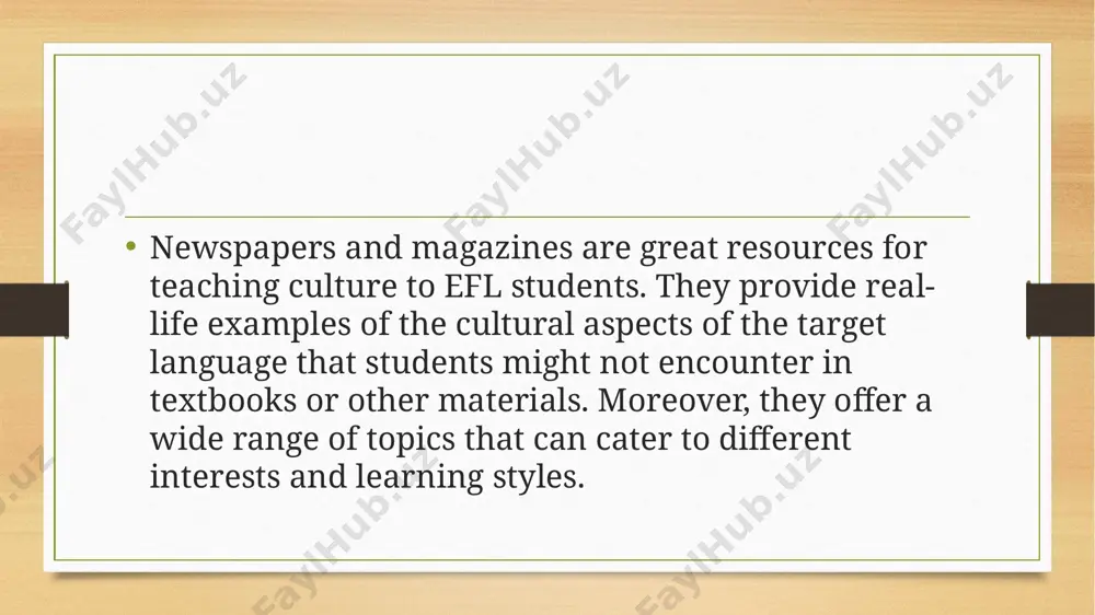 corporating newspapers and magazines into efl classes can help students develop their reading skills while also learning about the cultural nuances of the target language. for instance, reading articles about local customs, traditions, and current events can help students understand how people from different cultures view the world and interact with each other. additionally, analyzing advertisements, editorials or opinion pieces can provide insights into social values and attitudes. to make the most out of newspapers and magazines as teaching materials, teachers should select articles that are relevant to their students' interests and level of proficiency. they should also prepare pre-reading activities such as vocabulary exercises or comprehension questions to help students understand the content better. after reading, teachers could encourage discussions among students to share their opinions or experiences related to the topic. overall, using newspapers and magazines in efl classes is an effective way to teach culture while improving …
