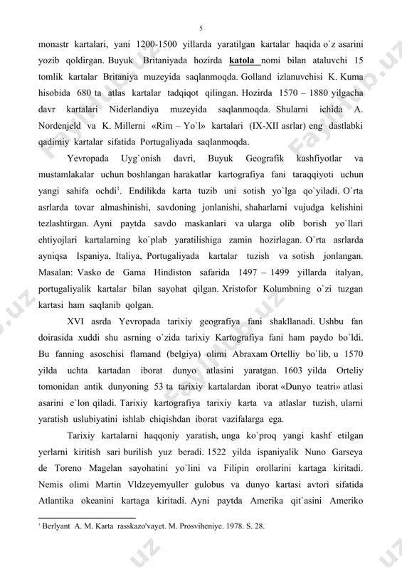 rlarni kiritish sari burilish yuz beradi. 1522 yilda ispaniyalik nuno garseya de toreno magelan sayohatini yo`lini va filipin orollarini kartaga kiritadi. nemis olimi martin vldzeyemyuller gulobus va dunyo kartasi avtori sifatida atlantika okeanini kartaga kiritadi. ayni paytda amerika qit`asini ameriko vespuchi nomi bilan bog`laydi. 1538 yil gerard markator amerikani ikkiga bo`ladi: shimoliy va janubiy amerikaga. 1595 yilda xaritalarning to`plami uchun «atlas» nomi markator tomonidan taklif etilgan. 1503 yilda ispan qiroli tomonidan yangi dengiz kartalarini tuzishga farmon beriladi. lekin, harbiy dengiz kartasi bizgacha yetib kelmagan. sababi harbiy xarita sir saqlangan yoki ma`lum sabablarga ko`ra yo`qotib yuborilgan. shunga qaramasdan lukas yans vagenerning «dengiz oynasi» nomini olgan dengiz kartasi muhim ahamiyat kasb etadi. mazkur kartaning qo`lyozma nusxasi ispaniyada saqlanib kelinmoqda. xvi asrning 40 yillarida portugaliyaliklar kartasini fransuzlar yanada takomillashtiradi. shu davr kartalarining aksariyat qismi geograf nikola dyufin tomonidan yaratilgan. uning tomonidan yaratilgan kartalarning ko`pchilik qismi davlatlar kartasini tashkil etadi. ma`lumki, bu davr o`zaro …