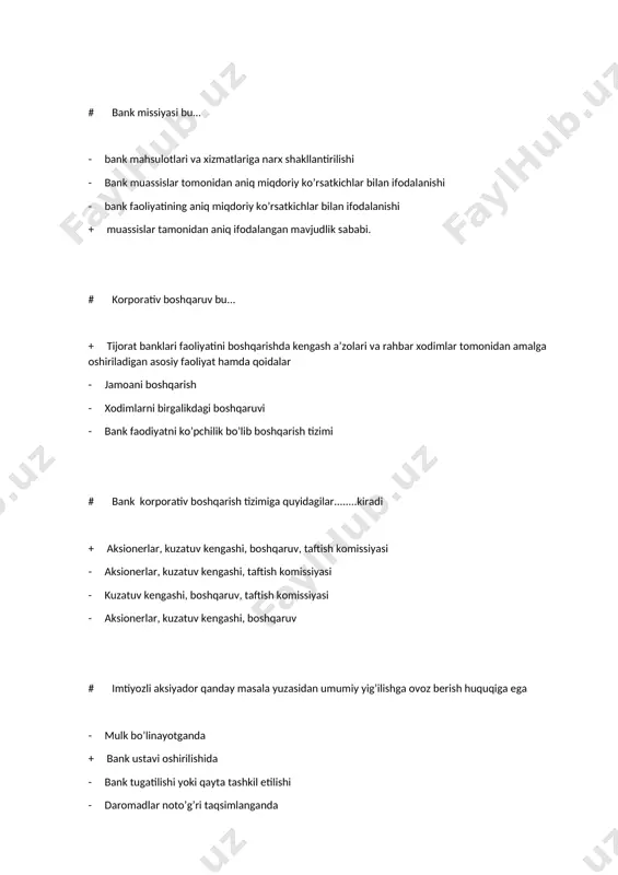 ni ko’rsating - kredit portfeli sifati - pul mablag’larini yetarliligi - ma’muriy, moddiy jihatdan samarali bo’lishlilik + ilmiy asoslanganlik, huquqiy, aniq va to’g’ri yo’nalishda bo’lishlilik, vaqt bo’yicha eng qisqa, aniq, tezkor va samarali bo’lishlilik # ishchining malaka darajasi deganda nima tushuniladi + ma’lumoti, mutaxassisligi, malakasini oshirish yo’li, ish tajribasi - til, menejment, kompyuterni bilish - mutaxassisligi - muloqot va mijozlar bilan ishlash qobiliyati tushuniladi # xodimlarni jalb qilish manbalarini ko’rsating + tashqi va ichki manbalar, oliy o’quv yurtlari va mehnat birjasi - ichki xodimlar - tashkiliy va huquqiy - bevosita va bilvosita manbalar # bank xizmatlarining o’ziga xos xususiyatlari + mavxumlilik, vaqt bo’yicha davomiyligi, xizmat sifatining nobarqarorliligi, xizmat ko’rsatishning shartnomaviyligi, xizmat ko’rsatishning pul bilan bog’liqliligi, xizmatlar bilan qondiriladigan ehtiyojlarning ikkilamchililigi - xizmat ko’rsatishning pul bilan bog’liqliligi, xizmatlar bilan qondiriladigan ehtiyojlarning ikkilamchililigi - xizmat sifatining nobarqarorliligi, xizmat ko’rsatishning shartnomaviyligi - mavxumlilik, vaqt bo’yicha davomiyligi # bank xizmati bu......... + bank operatsiyasini …