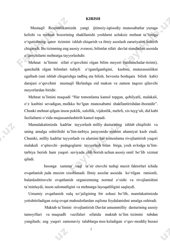ma vaqt ta’sir etuvchi tashqi muxit faktorlari ichida ovqatlanish juda muxim xisoblanadi. ilmiy asoslar asosida kо‘rilgan ratsionli, balanlashtiruvchi ovqatlanish organizmning normal о‘sishi va rivojlanishini ta’minlaydi, inson salomatligini va mehnatga layoqatliligini saqlaydi. umumiy ovqatlanish xalq xо‘jaligining bir sohasi bо‘lib, mamlakatimizda yetishtiriladigan oziq-ovqat mahsulotlardan oqilona foydalanishni amalga oshiradi. maktab ta’limini rivojlantirish davlat umummilliy dasturining asosiy tamoyillari va maqsadli vazifalari sifatida maktab ta’lim tizimini tubdan yangilash; eng yuqori zamonaviy talablarga mos keladigan o‘quv-moddiy bazasi va ta’lim standartlarini shakllantirish; yashash joyidan qat’iy nazar, qishloq va shahar maktablarining moddiy bazasi hamda ta’minlanish darajasidagi tafovutlararini bosqichma-bosqich bartaraf etish asosida bolalarni ta’lim olishi uchun tinch shart - sharoitlar yaratish; o‘qituvchilarning mehnatini har tomonlama rag‘batlantirish belgilab berilgan (modernizatsiya) maktablarda o‘quvchilarning nazariy bilimlarini o‘zlashtirish, amaliy malaka va mahoratlarini shakllantirish, mustaqil va aqliy faoliyatga tayyorlashdagi o‘rnini hisobga olib, kurs ishiimiz mavzusini tuxumdan tayyorlanadigan taomlar mavzusini o’qitish deb nomladik. kurs ishiimizning dolzarbligi: hozirgi kunning asosiy talabi – jamiyatimizda o`sib kеlayotgan yosh …