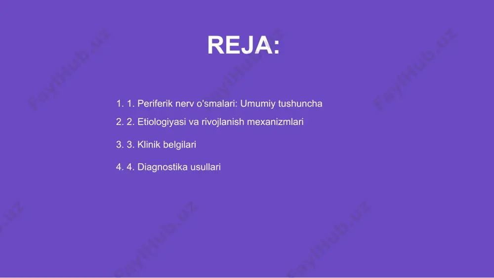 iya (emg) va nerv o'tkazuvchanligini o'lchov testerlaridan foydalaniladi. bu usullar nerv funksiyasidagi o'zgarishlarni ko'rsatishda samaralidir. magnet-rezonans tomografiya (mrt) va ultratovush tekshiruvi yordamida o'smalar lokallashuvi aniqlanadi. biopsiya esa to'liq tashxis qo‘yish uchun zarur bo'ladi. 4. diagnostika usullari 01 periferik nerv o'smalari tasnifi ular benign yoki malign holatiga qarab amalga oshiriladi. bu o'smalar nerv tolalaridan rivojlanishi mumkin. 02 benign periferik nerv o'smalari asta-sekin o'sadi, ko'pincha zararsiz bo'ladi. ular asosan lokalizatsiyalangan va atrof to'qimalarga tarqalish xavfi past bo'ladi. 03 malign o'smalar esa tez o'sadi, og'riq, falajlik va metastaz bera oladi. ular agressiv bo'lib, tez-tez jarrohlik va terapiya talab etadi. 5. tasnifi: benign va malign o'smalar periferik nerv o'smalari davosida asosan jarrohlik amaliyoti qo'llaniladi. bu usulda o'sma to'liq yoki qisman olib tashlanadi, asab saqlanadi. shuningdek, radioterapiya usuli ham qo'llaniladi. o'smaning kattaligiga qarab, nurlantirish orqali uni kamaytirish yoki to'liq yo'q qilish mumkin. 6. davolash usullari ayrim holatlarda kimyoterapiya ishlatiladi. bu asosan xavfli o'smalarda qo'llanilib, dorilar …