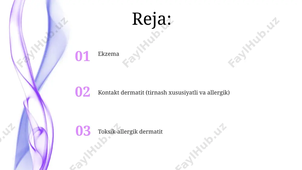 kechishi, pufakchalar hosil bo'lishi va keng tarqalgan yallig'lanish bilan kechadi. toksik-allergik dermatit kasallikning og'irlik darajasi 1-3 ball bilan baholanadi, bu erda 3-daraja keng tarqalgan püstüler va eroziyalar bilan tavsiflanadi. toksik-allergik dermatitning diagnostikasi klinik ko'rinish, bemorning anamnezi va patch-testlar natijalari asosida amalga oshiriladi, bu esa 90% holatlarda allergenni aniqlashga yordam beradi. ekzemaning turlari numulyar ekzema, tananing turli qismlarida paydo bo'ladigan, yumaloq shakldagi yallig'langan dog'lar bilan tavsiflanadi va 50 yoshdan oshgan odamlarda ko'proq uchraydi, keksa yoshdagi odamlarga xosdir. ekzema turlarining 10% dan ortig'i atopik dermatit, ya'ni allergik ekzema hisoblanadi va bolalarda ko'proq uchraydi, bu esa immun tizimining genetik moyilligini ko'rsatadi. tirnashtiruvchi kontakt dermatitining sabablari tirnashtiruvchi kontakt dermatitining sabablari orasida 50 dan ortiq turdagi kimyoviy moddalar, masalan, kislotalar, ishqorlar va erituvchilar mavjud bo'lib, ular terining himoya qatlamiga shikast yetkazishi mumkin. terining tirnash xususiyatiga ega bo'lgan 20% dan ortiq sovun, deterjent va kosmetika vositalari kontakt dermatitni keltirib chiqarishi mumkin, bu esa yallig'lanish va qizarishga …