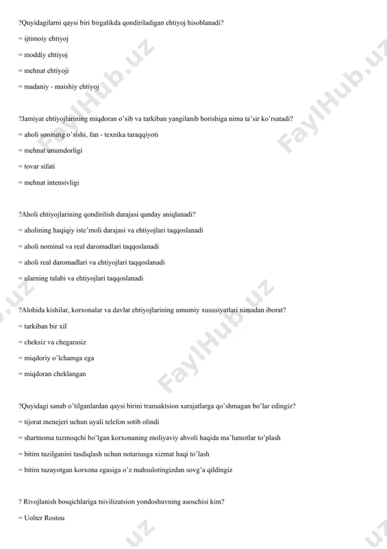 i ziddiyat = ishlab chiqarish kuchlari rivojlanish darajasiga ishlab chiqarish munosabatlarining mos kelishi = ishlab chiqarish texnologik usulining o’zgarishi = ishlab chiqarish kuchlarining rivojlanish darajasiga ustqurmaning mos kelmasligi ?iqtisodiy tizim nima? = ishlab chiqarishni tashkil etish shaklidir = jamiyatning asosiy yo’nalishidir = sotsial - iqtisodiy munosabatlar asosidir = siyosiy va ma’naviy munosabatlardir ? ma’muriy - buyruqbozlikka asoslangan iqtisodiyot qanday tizim? = davlat tomonidan ishlab chiqarish, taqsimot, almashuv va iste’mol ustidan to’liq nazorat o’rnatishga asoslangan = ishlab chiqarishni reja asosida yurgazishga asoslangan = yakka hokimlik asosida ishlab chiqarishni tashkil etishga asoslangan = ishlab chiqarishni ijtimoiy mulk va ijtimoiy mehnat asosida tashkil etishga qaratilgan ? aralash iqtisodiyot nima? = buyruqli va bozor iqtisodiyoti qo’shilishi natijasida vujudga kelgan iqtisodiyot = turli mulk shakllariga va ularning teng huquqligiga asoslangan iqtisodiyot = ma’muriy buyruqbozlikka asoslangan iqtisodiyot = an’ana va udumlarga asoslangan iqtisodiyot ? iqtisodiy tizimning qaysi nusxasi (modeli)da xususiy mulkning ustunligi va boshqarishning bozor mexanizmi …