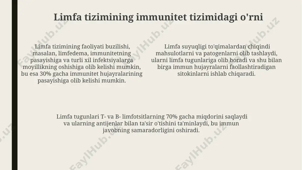 anadi. limfa tugunlarining yallig'lanishi (limfadenit) ko'pincha antibiotiklar, 7-10 kun davomida qo'llaniladigan, yordamida davolanadi, ammo ba'zi hollarda jarrohlik aralashuvi talab etiladi. limfedema, limfa drenajining buzilishi tufayli yuzaga keladigan shish, fizioterapiya, kompress terapiyasi va limfodrenaj massaji kabi usullar orqali boshqariladi va yengillatiladi. talik bezining roli tolali birikma to'qimasi limfa kapillyarlarining 30-50%ini tashkil qiladi va limfaning to'g'ri yo'nalishida harakatlanishiga yordam beradi. limfa tugunlaridagi tolali birikma to'qimasi limfotsitlarning migratsiyasi va immun javobining samaradorligini ta'minlaydi, hujayralarning 20-30%ini tashkil qiladi. tolali birikma to'qimasi limfa kapillyarlarining strukturaviy yaxlitligini saqlashda muhim rol o'ynaydi va 1-3 mkm diametrdagi zarralarning limfaga kirishiga yo'l qo'ymaydi. limfaning hosil bo'lishi va harakati bir kunda taxminan 2-4 litr limfa suyuqligi buyraklar orqali qonga qaytariladi, bu immunitet tizimining muhim funksiyasi hisoblanadi. limfaning harakati mushaklarning qisqarishi, tomirlar devorlarining ritmik qisqarishi (1-10 marta/minut) va toraks bo'shlig'ining nafas olish harakatlari bilan ta'minlanadi. limfa suyuqligi qon plazmasidan hosil bo'ladi, qon tomirlarining ingichka devorlaridan filtrlanib, interstitsial suyuqlikka aylanadi va undan …