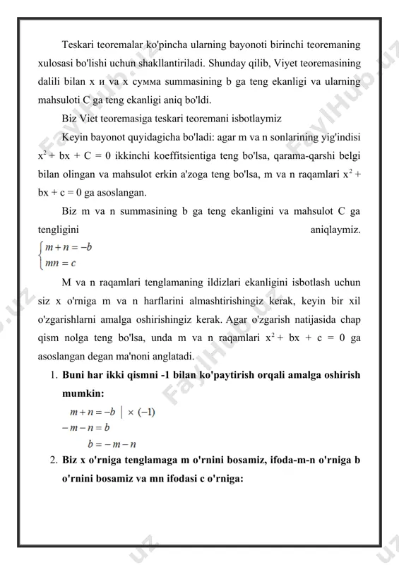 . yuqorida keltirilgan qoidalar yordamida ushbu tenglamani echishga harakat qilaylik. keyinchalik, bu tenglama ikki xil ildizga ega bo'lishini aniq aytish mumkin, chunki d = b2 - 4ac= 4 – 4 · (-15) = 64 > 0. endi 15 (1 va 15, 3 va 5) raqamlarining barcha omillaridan farq 2ga teng bo'lganlarni tanlang. bu 3 va 5 raqamlari bo'ladi. kichik sondan oldin "minus" belgisini qo'ying, ya'ni tenglama ikkinchi koeffitsientining belgisi. shunday qilib, x1 = -3 va x2 = 5 tenglamalarining ildizlarini olamiz. javob. x1 = -3 va x2 = 5. misol 2. tenglama x2 + 5x – 6 = 0 ni hal qiling. qaror. ushbu tenglama ildizlarga ega ekanligini tekshirib ko'ring. buning uchun diskriminantni topamiz: d = b2 – 4ac= 25 + 24 = 49 > 0. tenglama ikki xil ildizga ega. 6 raqamining mumkin bo'lgan ko'paytmalari 2 va 3, 6 va 1 hisoblanadi. farq 5 va 6 juftliklarida 1ga teng. …