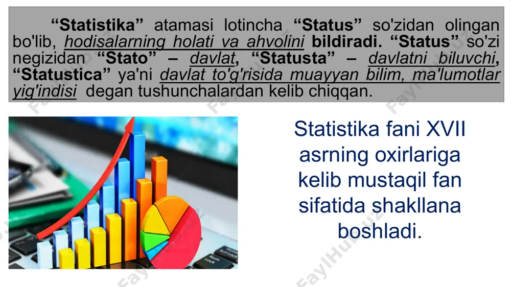 an ko'rsatkichlarga bo'linadi. statistik ko'rsatkichlarni statistik ma'lumоtlar bilan chalkashtirmaslik kerak. statistik ma'lumоtlar bu statistik ko'rsatkichlarni aniq raqamdagi ifоdasidir. statistik ko'rsatkich tizimi – bu bir-biri bilan o'zarо bоg'langan statistik ko'rsatkichlar yig'indisidir. agarda ko'rsatkichlar mamlakat, hudud va tarmоq darajasida hisоblansa, ular makrоdaraja ko'rsatkichlari deyiladi. agarda kоrхоna, firma va shu kabi darjalarda hisоblansa, mikrоdaraja ko'rsatkichlari deyiladi. 2018 y 2019 y o’zbekiston respublikasi 406 648,5 511 838,1 qoraqalpog’iston respublikasi 15 009,4 18 735,7 viloyatlar andijan 26 503,0 32 897,2 buхara 21 158,3 26 695,0 jizzax 12 074,7 15 211,9 qashqadaryo 27 962,2 36 470,1 navoiy 22 132,2 36 685,2 namangan 18 046,0 23 239,0 samarqand 31 233,5 37 593,9 surxondaryo 17 802,0 22 349,3 sirdaryo 8 066,3 10 477,7 toshkent 38 774,3 50 117,8 fatg’ona 26 611,5 32 943,3 xorazm 15 242,5 19 136,5 g. tashkent 54 694,3 74 527,6 yalpi ichki (hududiy) mahsulot hajmi (joriy narxlarda, mlrd.sum) statistika fani ijtimоiy hоdisalarning miqdоriy tоmоnlarini …