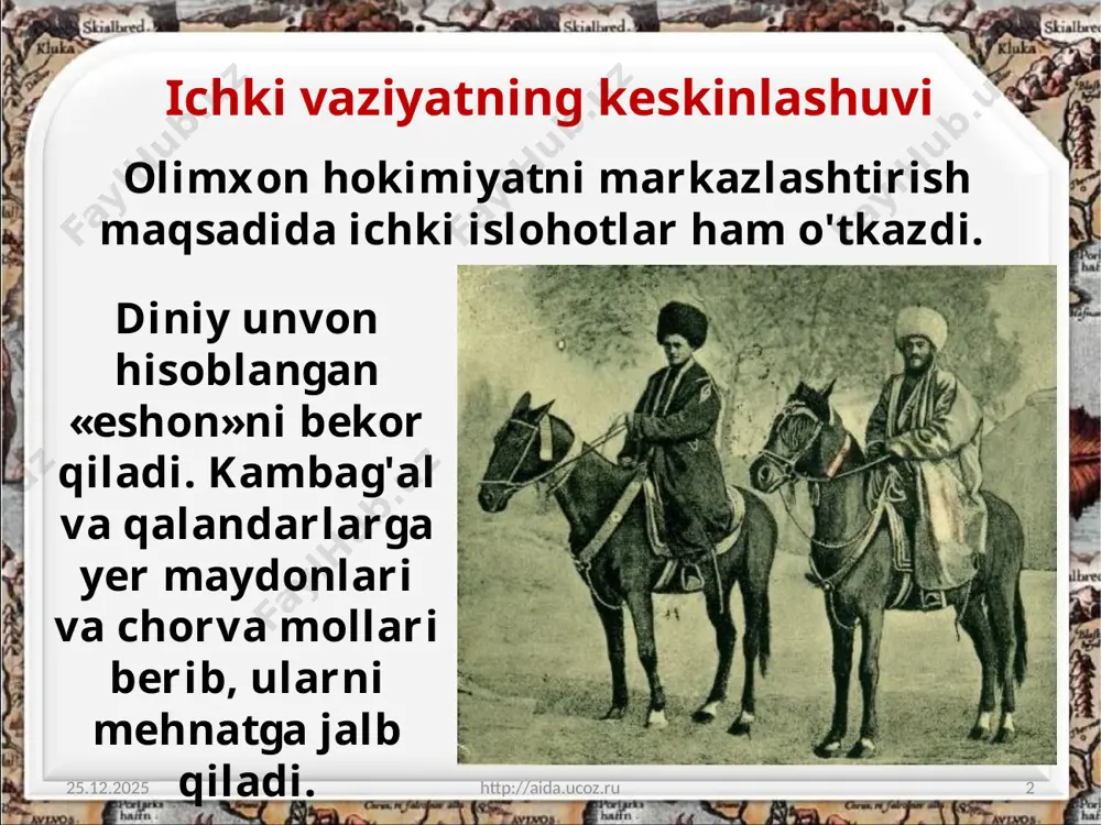 ning o'g'li va vorisi muhammad alixon (mada-lixon) davrida ancha kengaydi. bu gal qo'qon qo'shinlari farg'onaning janubida joylashgan hamda asosan tojik o'troq aholisi yashaydigan va o'z hokimlari tomonidan bosh-qariladigan qorategin, darboz va ko'lobga yurish qilib, bu yerlarni egalladilar. muhammad alixon madalixon boshqaruvining so'nggi yillarida, qo'qon xonligida g'alayonlar kuchaygan paytida 01.07.2020 http://aida.ucoz.ru 9 madalining ko'ngli tusagan ishlarni qila berishini qo'llab-quvvatlovchi odamlar ta'siriga tushib qolgan yosh xon o'z marhum otasining eng obro'li a'yonlarini ta'qib qila boshladi. madali amir nasrullo istilosidan keyingi siyosiy ahvol 01.07.2020 http://aida.ucoz.ru 10 amir nasrulloning qo'qon xonligidagi hukmronligi uzoqqa cho'zilmadi. chunki amirning qo'qondagi noibi ibrohim dodxoh qo'qon xonligi aholisini avval undirib kelingan soliqqa qo'shimcha ravishda buxoro amirligida joriy etilgan soliqlarni ham to'lashga majbur qilgan. amir nasrullo qo'qon xonligi hududida 1842-yili katta qo'zg'olon ko'tariladi. uning oqibatida amiming qo'qondagi noibi va beklari hokimiyati tugatiladi. 01.07.2020 http://aida.ucoz.ru 11 buxoro amiri hukmronligiga qarshi qo'zg'olonni tashkil etgan mahalliy kuchlar farg'ona vodiysida ko'chib yurgan qipchoqlar madadiga …