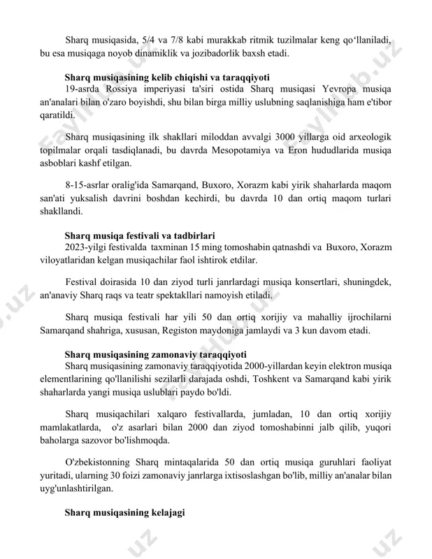 , 5/4 va 7/8 kabi murakkab ritmik tuzilmalar keng qoʻllaniladi, bu esa musiqaga noyob dinamiklik va jozibadorlik baxsh etadi. sharq musiqasining kelib chiqishi va taraqqiyoti 19-asrda rossiya imperiyasi ta'siri ostida sharq musiqasi yevropa musiqa an'analari bilan o'zaro boyishdi, shu bilan birga milliy uslubning saqlanishiga ham e'tibor qaratildi. sharq musiqasining ilk shakllari miloddan avvalgi 3000 yillarga oid arxeologik topilmalar orqali tasdiqlanadi, bu davrda mesopotamiya va eron hududlarida musiqa asboblari kashf etilgan. 8-15-asrlar oralig'ida samarqand, buxoro, xorazm kabi yirik shaharlarda maqom san'ati yuksalish davrini boshdan kechirdi, bu davrda 10 dan ortiq maqom turlari shakllandi. sharq musiqa festivali va tadbirlari 2023-yilgi festivalda taxminan 15 ming tomoshabin qatnashdi va buxoro, xorazm viloyatlaridan kelgan musiqachilar faol ishtirok etdilar. festival doirasida 10 dan ziyod turli janrlardagi musiqa konsertlari, shuningdek, an'anaviy sharq raqs va teatr spektakllari namoyish etiladi. sharq musiqa festivali har yili 50 dan ortiq xorijiy va mahalliy ijrochilarni samarqand shahriga, xususan, registon maydoniga jamlaydi va …