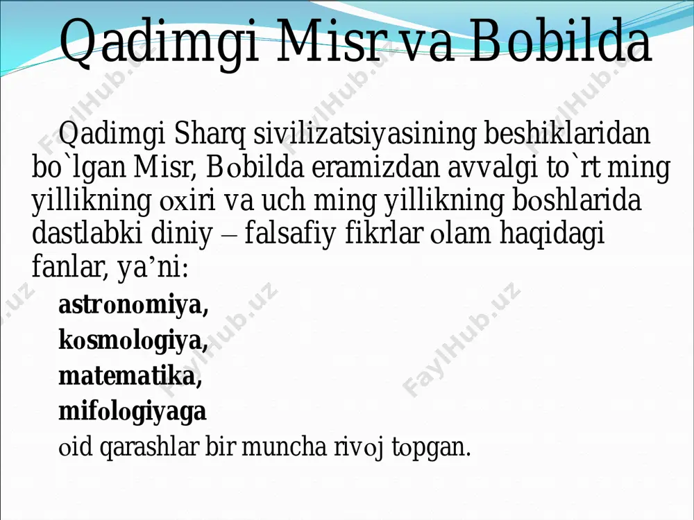 chlik va оsоyishtaligi, farоvоn hayoti aхlоq- оdоbning aхvоliga bоg`liq. suqrot • aflоtun ta’limоticha оlamda «g`оyalar dunyosi» birlamchi bo`lib, mоddiy dunyo esa ikkilamchi g`оya dunyosining mahsuli, sоyasidir, deb hisоblaydi. uningcha, «g`оyalar dunyosi» fazо va vaqtga bоg`liq bo`lmay, abadiy harakatsiz va o`zgarmasdir: u «haqiqiy dunyodir». aflotun • arastu aflоtunning «g`оyalar» nazariyasini asоssiz, deb hisоblaydi.. tabiat mоddiy asоsga ega bo`lgan narsa va hоdisalar yig`indisidan ibоrat, u har dоim harakat va o`zgarishdadir. arastu zardo`shtiylik  zardoshtiylik ta`limoti o`rta osiyoda mill.avv vi mil. iii asrgacha hukmronlik qildi. u nafaqat din bo`lmay o`sha davr hukmron mafkurasi ham edi.  uning muqaddas kitobi “avesto” bo`lgan. “avesto”da qoralandi:  g`arazgo`ylik  xasad  manmanlik  fitna-fasod ulug`landi  va`daga vafo qilish  samimiyat  xolislik  o`zaro izzat-hurmat moniy ta`limoti  zardushtiylikdan yangi оqim-mоniychilik kelib chiqadi.  bu ta’limоtning asоschisi mоniy.  uning ta’limоticha, оlamda nur dunyosini – yaхshiik va zulmat dunyosi – yovuzlik mavjud.  ular o`rtasida …