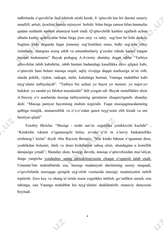 amning qalbiga tiniqlik, mutanosiblik va o‘z-o‘zidan qanot tuyg‘usini olib kiradi va uni baxtiyor qiladi” forobiy fikricha: “musiqa - nodir san’at, ezgulikka yetaklovchi kuchdir” , “kimkiilm xikmat o‘rganmoqchi bolsa, avvalo o‘zi m a’naviy barkamollika erishmog‘i lozim” deydi abu rayxon beruniy. “har kimki hikmat o‘rganman desa, yoshlikdan bolasini, ilmli va dono kishilardan saboq olsin, shundagina u komillik darajasiga yetadi”; shunday ekan, hozirgi davrda, musiqa o‘qituvchisidan mas’uliyat, fanga yangicha yondashuv uning metodologiyasini chuqur o‘rganish talab etadi. umumta’lim maktablarida esa, musiqa madaniyati darslarning asosiy maqsadi, o‘quvchilarda musiqaga qiziqish uyg‘otish vositasida musiqiy madaniyatini tarkib toptirish. zero kuy va ohang ta’sirida inson ezgulikka intilish, go‘zallikni asrash, ona tabiatga, ona vatanga muhabbat his tuyg‘ularini shakllantirib, manaviy dunyosini boyitadi. kurs ishi maqsadi. dj rossinining xayot yo`li , ijodi va asarlari bilan tanishish . kurs ishi vazifalari. 1.dj rossinining xayotiy yo`lini o`rganib chiqish. 2.kompazitorning ijodidagi asarlar bilan tanishish 3.opera san`atining o`rni va ahamiyati haqida tushunchalarga ega bo`lish. 1.1. opera …
