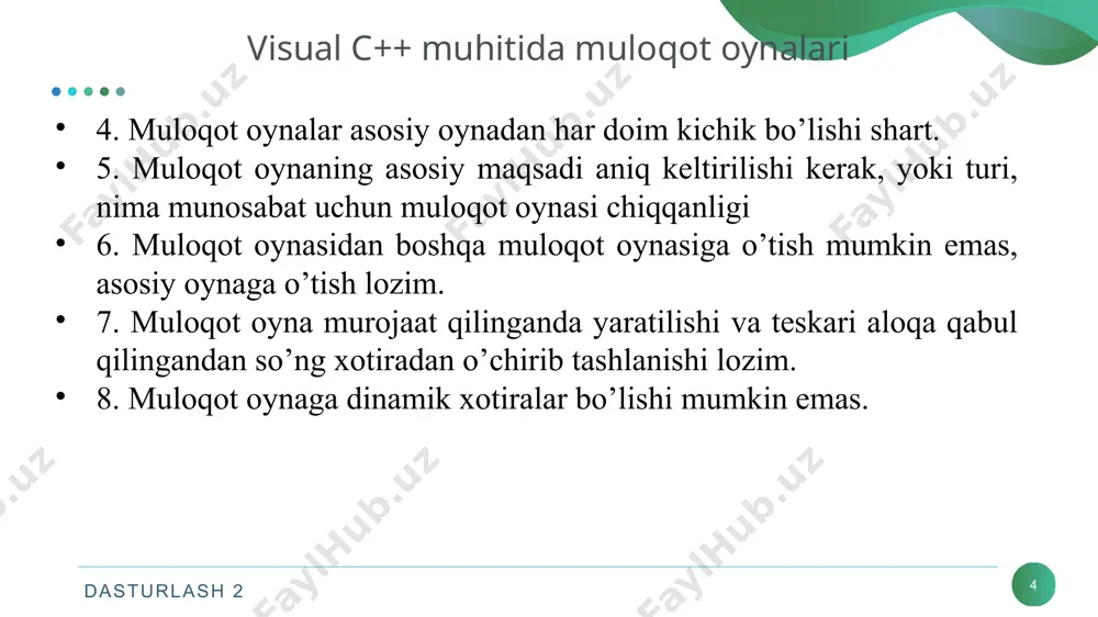 9 colordialog muloqot oynasi dastur fragmentida muloqot oynasi chaqirilganda va teskari aloqasi ok ob’ektini qaytarsa forma va tugmaning mos xususiyatlar ranglarini o‘zgartirish algoritmi yozilgan. if(colordialog1->showdialog() == ::system::windows::forms::dialogresult::ok) form1::backcolor = colordialog1->color; button1->backcolor = colordialog1->color; dasturlash 2 10 colordialog muloqot oynasi dasturlash 2 11 fontdialog muloqot oynasi fontdialog bu oyna foydalanuvchilarga kerakli komponenta uchun shrift va uning xususiyatlarini o‘rnatish imkonini beruvchi muloqot oynasini ko‘rsatadi. bu komponentdani formaga o‘rnatilganda hech qanday ko‘rinish hosil bo‘lmaydi, ammo formaning ichki tuzilmasiga qo‘yshiladi. fomraning ishchi holatidagi formasining pastki qismida uning ob’ekti yaratiladi. dasturlash 2 12 fontdialog muloqot oynasi fontdialog1->showcolor = true; fontdialog1->font = label1->font; fontdialog1->color = label1 ->forecolor; color color = label1->forecolor; system::drawing::font^ font = label1->font; system::windows::forms::dialogresult result = fontdialog1->showdialog(); if(result == ::system::windows::forms::dialogresult::ok) { label1->font = fontdialog1->font; label1->forecolor = fontdialog1->color; } dasturlash 2 13 fontdialog muloqot oynasi dasturlash 2 13 14 openfiledialog muloqot oynasi openfiledialog bu oyna foydalanuvchilar uchun faylni tanlash imkonini beradigan muloqot oynasini ko‘rsatadi. bu …