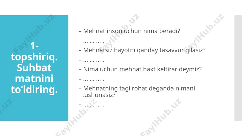 da bir marta o‘tadigan bo‘ldi. 4-mashq. nuqtalar o‘rniga fe’l-kesimlarni qo‘yib ko‘chiring, ular qaysi so‘z turkumi bilan ifodalanganligini ayting. bolalar katta archa yonida ... . keksa bog‘bon ko‘m-ko‘k ajriq ustida o‘tirib hordiq ... . mo‘tabar eshikni sekin yopib ... . 4. atlas to‘qish marg‘ilonda juda qadimdan rivojlangan, boshqa joylarga shu yerdan ... . 5. atlasdan ayollar liboslari, ko‘rpa, ko‘rpachalar va boshqa buyumlar ... . 6. o‘zbekistonda ko‘mirni sanoat usulida qazib olish 1930-yillar oxirida ... . foydalanish uchun so‘zlar: boshlangan, chiqib ketdi, to‘xtadilar, chiqardi, tarqalgan, tayyorlanadi. 4-topshiriq. matnni o‘qing. ajratilgan so‘z va so‘z birikmalari ishtirokida gaplar tuzing. mehnat mahsuli va ularning bunyodkorlari bo‘lgan mehnatkashlarni qadrlashimiz darkor. har birimiz yoshligimizdan anglamog‘imiz va ulg‘ayib bu mehnatga ongli ravishda o‘z hissamizni qo‘shmog‘imiz zarur. daraxtning soya-salqinida yotgan inson, jaziramada mehnat qilib meva yetkazgan bog‘bonning qadrini bilmaydi. „mehnat baxt keltirar“ degan naql bejiz aytilmagan. har kim o‘z mehnati bilan xalq olqishiga sazovor bo‘ladi. inson o‘zining halol mehnati …