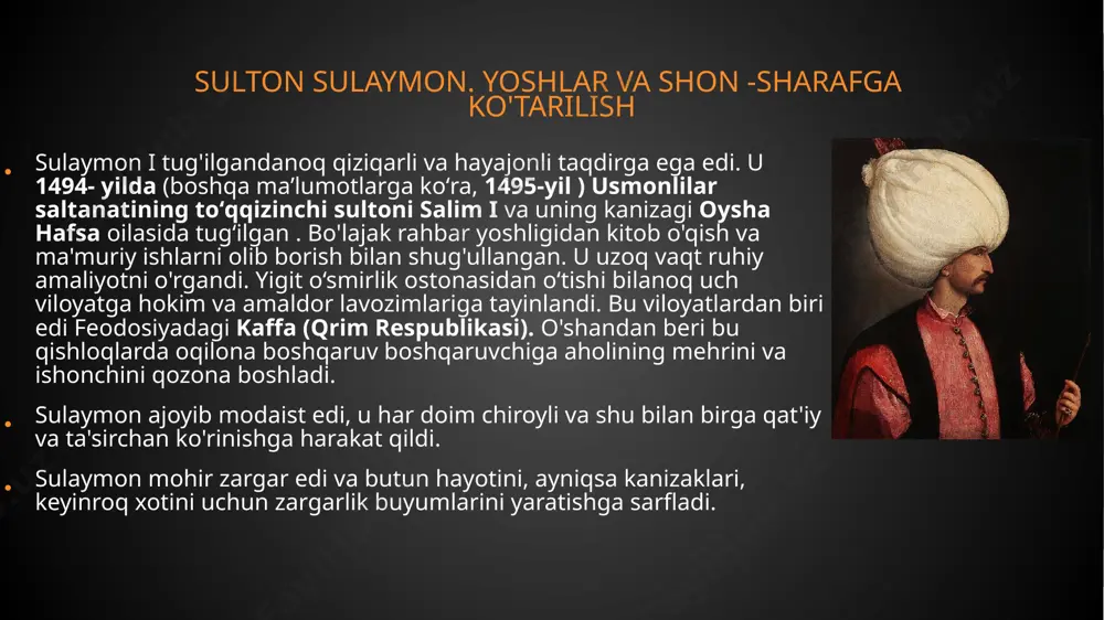 ldi va uning rasmiy xotini bo'ldi. sultonning birinchi kanizaki fyulan bo'lib , u mahmud ismli o'g'il tug'di. ammo bu bola 1521 yilda chechakdan vafot etdi. sulaymon uchun bu ayol hech qanday rol o'ynamadi va butunlay unutilgan holda vafot etdi. gulfem ikkinchi kanizak bo'ldi. 1513 yilda u merosxo'rlar murod va mahmudni tug'di, ular ham epidemiya qurboni bo'lishdi. gulfemning keyingi taqdiri asosan sultonning onasi va singlisi bilan bog'liq. 1562 yilda sulaymon uni bo'g'ib o'ldirishni buyurdi, chunki u sevganidan ayrilib, umidsizlikka tushib qolgan edi. sulton sulaymonning shaxsiy hayoti uchinchi kanizak cherkes ayol edi mahidevron sulton. u sultonga mustafo degan o‘g‘il berdi. 1533 yildan menis hukmdori etib tayinlandi va usmonli taxtining vorisi hisoblangan. keyinchalik sulton sulaymon o'g'lini xiyonat va dushmanlar bilan yashirin aloqalari uchun bo'g'ib o'ldirishni buyurdi. maxidevron 1581 yilda vafot etgan . sulton sulaymonning shaxsiy hayoti sulaymon podshohning eng sevimli xotini hurram sulton edi. asli rohatindan (hozirgi ukraina), ruhoniyning qizi anastasiya (aleksandra) lisovskaya …