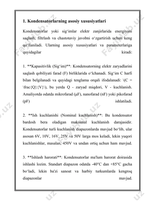 isoblanadi, ular energiyani saqlash va kerak bo'lganda ta'minlash imkonini beradi. kondensatorlar asosan ikki turdagi elektr to'plamidan foydalangan holda ishlaydi: statik va dinamik sahifa. kondensatorning eng asosiy tushunchalaridan biri bu uning sig'imi, "c" bilan belgilanadi va farad (f) bilan o'lchanadi. sig'im kondensatorning ikki plastinka orasidagi elektr zaryadni saqlash qobiliyatini ko'rsatadi. bir farad quvvatdagi kondensatorning zaryadi 1 volt potentsial farq hosil qiladigan darajada saqlash mumkin bo'lgan diskret miqdoridir. kondensatorning energiya saqlash qobiliyati quyidagi formula bilan ifodalanadi: \[ e = \frac{1}{2} c v^2 \] bu yerda \(e\) - energiya (joule bilan o'lchanadi), \(c\) - kondensator sig'imi (farad bilan o'lchanadi) va \(v\) - kuchlanish (volt bilan). misol uchun, agar kondensatorning sig'imi 1 mikrofarad (\(1 \times 10^{-6}\) f) bo'lsa va u 5 volt kuchlanishga ega bo'lsa, saqlangan energiya quyidagiga teng bo'ladi: \[ e = \frac{1}{2} \times 1 \times 10^{-6} \times 5^2 = 12.5 \times 10^{-6} \text{ joule}\] kondensatorlar turli xil materiallar va texnologiyalar yordamida ishlab …