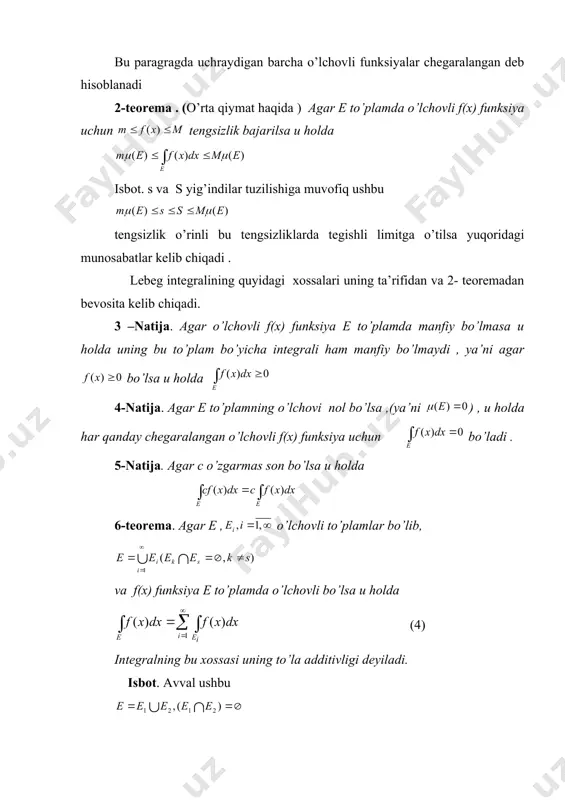 a muvofiq tenglik kelib chiqadi. agar (n-natural son) bo’lsa , u holda (5) tenglikni yuqoridagi hususiy xoldan matematik induksiya yordami bilan bevosita keltirib chiqariladi. endi umumiy holga o’tamiz ya’ni bo’lsin. bundan kelib chiqadi . bo’lganligi uchun da (6) endi to’plamni bilan belgilaymiz u holda bu tenglikda hadlarning soni chekli bo’lgani uchun (3) tenglikka asosan (7) 1 - teoremaga muvofiq (8) () ga asosan da demak (7) dan da (6) va oxirgi munosabatdan (4) tenglik kelib chiqadi. 7-teorema. agar o’lchovli e to’plamda o’lchovli va funksiyalar berilgan bo’lsa u holda (7) isbot. avval quyidagi xususiy holni ko’ramiz : va funksiyalardan biri masalan funksiya e to’plamda o’zgarmas c songa teng bo’lsin . bu holda lebeg integrali ta’rifidan foydalanib ,ushbu (8) tenglikni yozish mumkin . endi va ixtiyoriy chegaralangan o’lchovli funksiyalar bo’lsin funksiyaning qiymatlari o’zgaradigan [a,b] segmentni nuqtalar yordami bilan n ta qismga bo’lamiz va ushbu to’plamlarni ko’ramiz 36.5 –teoremadan va (7) tenglikdan foydalanib …
