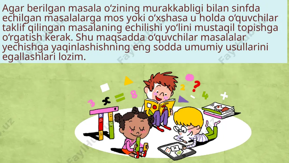 i qutida nechta olma bor. yechish:8-5=3 ta (olma). javob: ikkinchi qutida 3 ta olma bor. 2-masala. vali 6 ta quyon rasmini chizdi. valini chizgan rasmlari zokirni chizgan rasmlaridan 2 ta ortiq. zokir nechta quyon rasmini chizdi? yechish: 6-2=4 ta. javob: zokir 4 ta quyon rasmini chizdi. 8 sodda masalalardan yig’indi va qoldiqni topishga doir masalalar 3-masala.ahmad 3 ta qo‘g’irchoq va ikkita koptok rasmini chizdi. ahmad nechta o‘yinchoq rasmini chizdi? yechish: 3+2=5 ta. javob: ahmad 5 ta o‘yinchoq rasmini chizdi. 4-masala.zokir olma daraxtidan 7 ta olmani oldi va 3 tasini edi. zokirda nechta olma qoldi? yechish: 7-3=4 ta (olma). javob: zokirda 4 ta olma qoldi. 5-masala stol ustida 4 ta qizil qalam bor edi yana unga 4 ta ko‘k qalamni qo‘shdi. stol ustida nechta qalam bor edi: yechish: 4+4=8 ta javob: stol ustida 8 ta qalam bor edi. 9 sodda masalalarni turlaridan yana biri sonni nechta birlik ortirish yoki kamaytirishga doir …