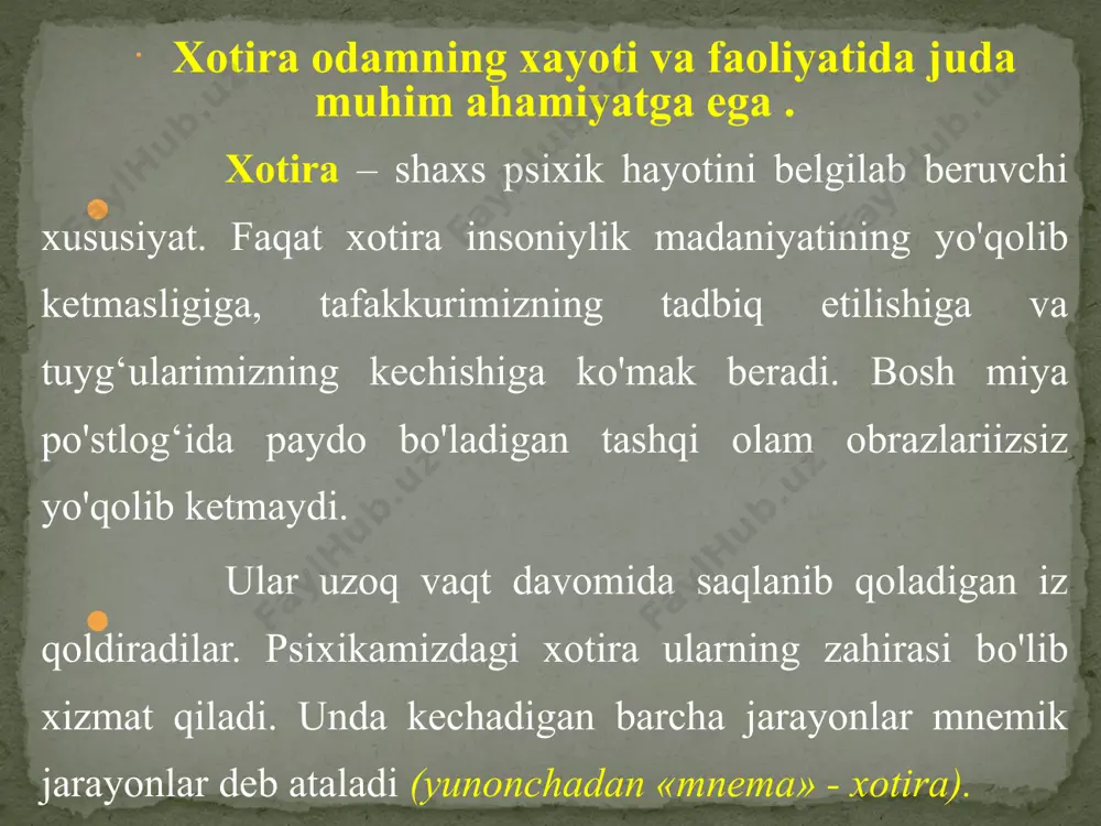 ti esda olib qolish zarur bo'lgan materialni u yoki bu darajada kengroq ma’noli tuzilmalarga birlashtiradigan mazmun bog‘lovchilarining mavjudligi yoki mavjud emasligiga bevosita bog‘liq holatda bo'ladi (a. bine, k. byuler). esda olib qolish va eslashda matnning ma’noga ega bo'lgan mazmuni ifodalanadi. inson xotirasining faoliyat sifatida o'rganilishiga dastlab fransiyalik olimlarning, xususan, p.janening ishlari sabab bo'ldi. u birinchilardan bo'lib, xotirani materialni esda olib qolish, qayta ishlash va saqlashga yo'naltirilgan harakatlar tizimi sifatida ta’rifladi. so'ngra u a.n.leontev, a.r.luriya, p.i.zinchenko, a.a.smirnov va boshqalar kabi mashhur psixologlar tomonidan ishlab chiqildi. 4.xotira jarayonlari va turlari xotira asosiy jarayonlari tafovvut qilinadi: esda olib qolish, esda tushirish yodga olish) va unutish.bu jarayonlar bir-biri bilan bog’liq bo'lib bir qadar shartli ravishda bir-biridan ajratiladi. esda saqlash – bu idrok qilingan ma’lumotni eslab qolish va esda saqlash jarayoni. bu jarayonning kechish darajasiga ko'ra, eslab qolish ikki turga bo'linadi: ko'zlanmagan (ixtiyorsiz) va ko'zlangan (ixtiyoriy). ixtiyorsiz esda olib qolish – bu hech qanday vositalarsiz …
