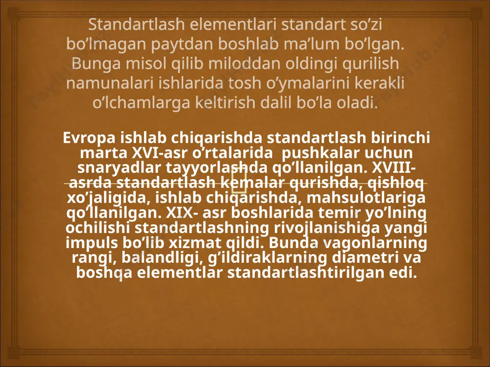 va kasr sonlari ham kiritiladi. oddiy va yodda tutishi oson bo’lishi kerak. elektrodvigatel-texnologiya uskunalar bilan og’irlik ko’tariladigan qurilmalar bilan va bog’lik shunga asoslangan holda quyidagi talablarga javob berish kerak.  takrorlanish – shunday ob’ektlarki, jarayonlar faoliyat turi va umumiy xususiyatga ega bo’ladi. shartliligi – standartlanishning qonun ishlab chiqarish xarakterlarini aniqlab beradi. variantliligi – standartlash ob’ektiga kiradigan standart elementlarining xilma-xilligini minimum rastionalligini ta’minlaydi. sistemaliligi – standartni element sistemasi deb qarab standart sistemasini tuzishni asosladi. o’zaro almashishliligi – buni texnikada joriy qilinadi. biror qurilma yoki mashinada detalining biror o’zgarishsiz boshqa xuddi shunday detal bilan almashinishi. hozirgi vaqtda standartlanishning nazariyasi prinstipi va metodlari tashkil qilinmoqda. ishlab chiqarishda joriy qilishda quyidagi prinstiplarini aytish mumkin:  1946-yil 14-oktyabrda birlashgan millatlar tashkiloti standartlarni koordinastiyalash ko’mitasining kengashida standartizastiya bo’yicha xalqaro tashkilotni (iso) tashkil etish qarori qabul qilinadi. iso ning asosiy vazifasi xalqaro savdo sotiqqa va ilmiy-texnik progressiga ko’maklashish maqsadida xalqaro standartlarni ishlab chiqarish. xalqaro standartizastiya o’lchash birliklari …