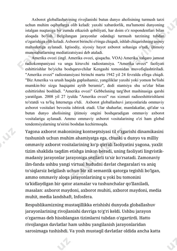 rk tiliga tarjima qilingan maqolalarni nashr etish uchun sabahni tanladi. sabah germaniyada sabah deutsch nomi bilan nemis tilida va sabah europe nomi bilan turk tilida, evropa ittifoqi mamlakatlarida daily sabah nomi bilan ingliz, nemis va arab tillarida nashr etiladi. 21 ta umummilliy gazetaning o'rtacha umumiy tiraji 4 million nusxaga yetdi. aksariyat noshirlar o'z ishlarida eng zamonaviy dunyo texnikasi va texnologiyalaridan foydalanishni boshladilar. 8.3. radio: "rossiya radiosi", "amerika ovozi" va "erkin evropa" teleradiokompaniyalari ma'lumotlarini tahlil qilish aqsh axborot siyosatini amalga oshirish xorijiy jurnalistlar bilan ishlash uchun mamlakat hududidagi matbuot markazlarining faoliyatini, chet ellarda davlat, ommaviy axborot vositalari va ilmiy-tadqiqot institutlari rahbarlariga tezkor ma'lumot etkazib berishga mo'ljallangan axborot markazlarining mavjudligini nazarda tutadi. xorijiy mamlakatlarga "amerika ovozi", "svoboda" va "svoboda yevropa"radiostansiyalarining eshittirishlari qo'llab-quvvatlanadi. 1990 yil 10 dekabrda rossiya radiosi butunittifoq radiosining birinchi dasturi bilan birga, ikkinchi radiokanalda mayak radiosi bilan birgalikda va uchinchi radiokanalda butunittifoq radiosining uchinchi dasturi bilan efirga chiqdi. dunyoning etakchi …