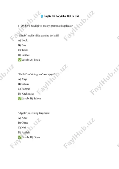 ingliz tili bo‘yicha 100 ta test — DOCX