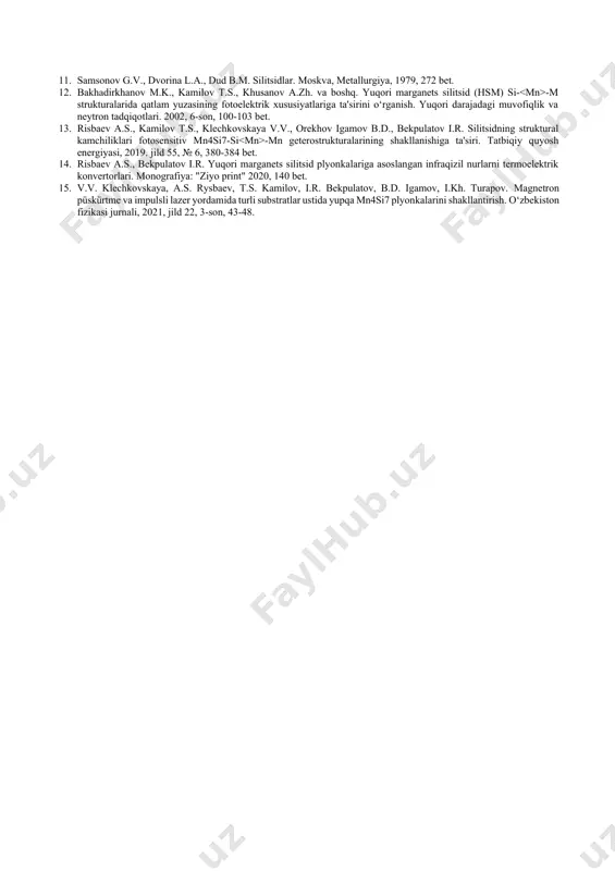 arginal mn atomlarining evaporatsiyasi davomida vakuum sharoitida р≈10-5 mm hg. art. t=1050÷1100°с harorat oralig'ida va namunalarning keyingi sekin sovutilishi bilan polikristal plyonkalar hosil bo‘lgan, ular silitsid yuzasiga yaqin ikki faza aralashmasidan iborat bo‘lgan — marganets monosilitsidi va yuqori marganets silitsidlari, monosilitsid ustunlikka ega bo‘lgan, yuqori qatlamda asosan hsm fazasi qatlamlari mavjud edi. qiziqarli ilmiy natijalar [13,14] kvarts quvurlarida vakuum р≈10-2 mm hg. art. sharoitida marganets atomlarining silitsidga diffuziyasini amalga oshirishda va keyingi sekin sovutish jarayonida olingan. ushbu sharoitlarda hsm zarralari 10 µm gacha bo‘lgan plyonkalar hosil bo‘ldi. namunalarning t=350÷800°c harorat oralig'ida qo‘shimcha termal annealingi hosil bo‘lgan hsm zarralarining kattalashishiga olib keldi. bunday plyonkalar yuqori o‘tkazish koeffitsientiga ega ekanligi aniqlandi [15] va ularning ichida bulk hsm bir kristallarga mos keluvchi kinetik va termoelektrik parametrlarning anisotropik xususiyatlari mavjudligi aniqlangan. yuqori marganets silitsidlar bilan silitsid yuzasining topologiyasini o‘rganishda, o‘rtacha zarralar o‘lchami 4–5 µm ekanligi, garchi alohida kristall zarralari ≈10 µm gacha yetishi aniqlangan. …