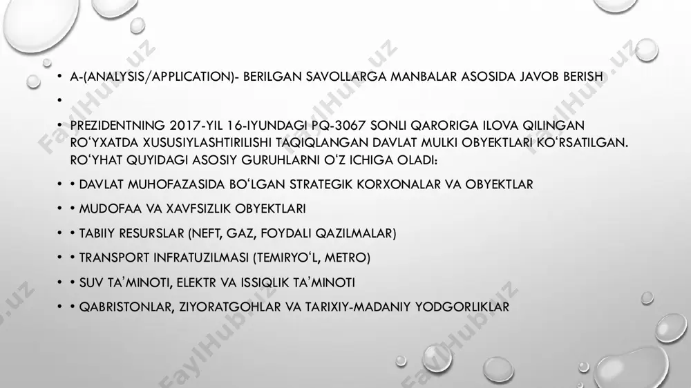 davlat ushbu obyektlarni xususiy sektorga topshirmasdan, ularni umumiy xalq mulki sifatida saqlashni va boshqarishni davom ettiradi. bu esa barqaror taraqqiyot, xavfsizlik va ijtimoiy tenglikning muhim kafolati hisoblanadi. hq 11-23 mirzaabdullayeva nargiza slide 1: 11-kazus slide 2 slide 3 slide 4 slide 5 slide 6 slide 7 slide 8 slide 9 slide 10 slide 11 slide 12 slide 13 slide 14 slide 15