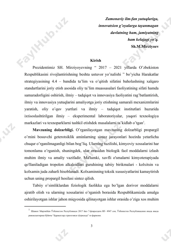 identifikatsiya qilish va zaharlilik darajasi kam bo’lgan, ammo fizilologik faolligini saqlab qoladigan kolxamin va uning propargil hosilalarini o’rganish bitiruv malakaviy ishining maqsadi hisoblanadi. ishining vazifalari. bitiruv malakaviy ishini bajarishda qo’yilgan maqsadga erishish uchun quyidagi masalalarni hal etish kerak edi : · mavzu bo’yicha ma’lumotlar to’plash va ularni umumlashtirish; · markaziy osiyoda o’sadigan kolxikum o’simliklaridan alkaloidlar sinfiga mansub bo’lgan tabiiy birikmalarni ajratib olish; · o’zbekistonda o’sadigan oq sarvijon o’simligidan tropolon alkaloidlarini ajratish va ularni o’rganish; · o’simliklardan ekstraksiya usuli yordamida tropolon alkaloidlarini ajratish hamda ularni qog’oz va yupqa qatlamli xromatografiya usullarida o’rganish. · tuzilishi o’rganilgan alkaloidlarning turli xil hosilalarini olish va tuzilishini isbotlash; · ajratilgan alkaloidlar ya’ni kolxaminni propargil spirti va ularning hosilalarining tuzilishi va modifikasiyasi va hozirgi zamon kimyoviy, fizik - kimyoviy va fizikaviy tadqiqot usullari yordamida analiz olib borish. ishining amaliy ahamiyati. ishning ahamiyatli tomoni o’zbekistonda o’sadigan dorivor o’simlik bo’lgan oq sarvijondan tibbiyot uchun muhim bo’lgan alkaloidlar kolxamin, kolxitsin, …