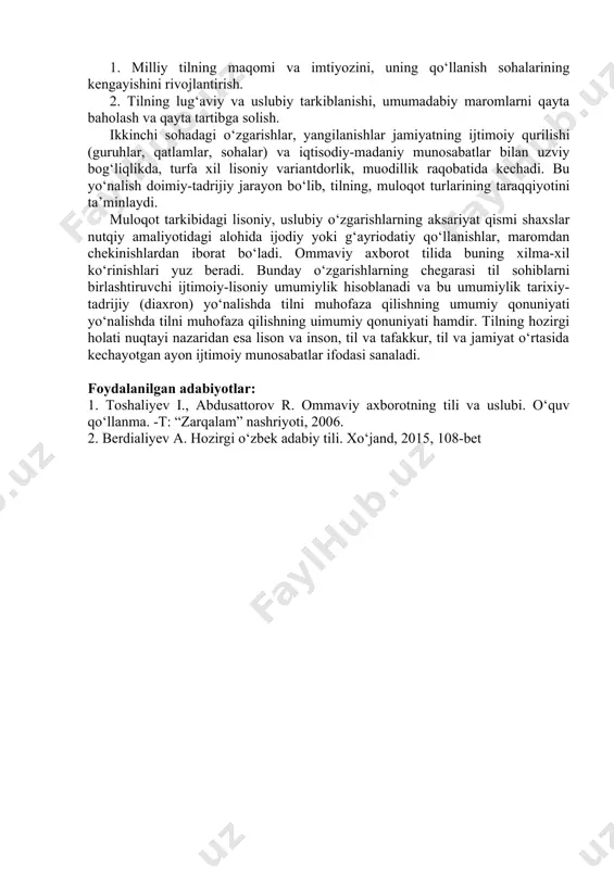 iqboli, rasmiy-idoraviy munosabatlardagi imtiyozi tasavvurini ham о‘z ichiga oladi. ona tilidan g‘ururlanish hissi, uni muhofaza qilish, imtiyozini tiklash istagi faqat lisoniy mustaqillik, milliy davlatchilik sharoitidagina, milliy til rasmiy til - davlat tili maqomiga erishgan vaziyatdagina bor bо‘y-basti bilan namoyon bо‘ladi. bu endi mustaqil milliy lisoniy g‘oyaning asosiy mohiyatini tashkil etadi. [2, 108-b] lisoniy rejalashtirish va lisoniy isloh qilish mustaqil milliy davlatchilik vaziyati bilan bog‘liq. milliy mustaqillik g‘oyasi davlatning milliy lisoniy siyosati tamoyillarida о‘z ifodasini topadi. tilni rivojlantirish, maromlashtirish, umuman, lisoniy islohot, milliy g‘oyaga asoslangan lisoniy rejalashtirish tadbirlarida ham, bu tadbirlarni amalga oshirish jarayonlarida ham aks etadi. davlatning milliy tilni ijtimoiy-iqtisodiy, ma’naviy-madaniy, siyosiy-ommaviy, ilmiy, rasmiy, ta’limiy faoliyat sohalarining barchasida faol muloqot vositasi vazifasini bajarish uchun yaroqli qilish ehtiyoji lisoniy rejalashtirishni va qayta maromlashtirishni taqozo etadi. mustaqil о‘zbekiston respublikasining milliy lisoniy siyosati adabiy til mulkini va uning ishlatilish doirasiga hamda qо‘llanish maromlariga ta’sir etuvchi tadbirlar majmuidan iborat. bu tadbirlarni quyidagi tartibda tasvirlash …