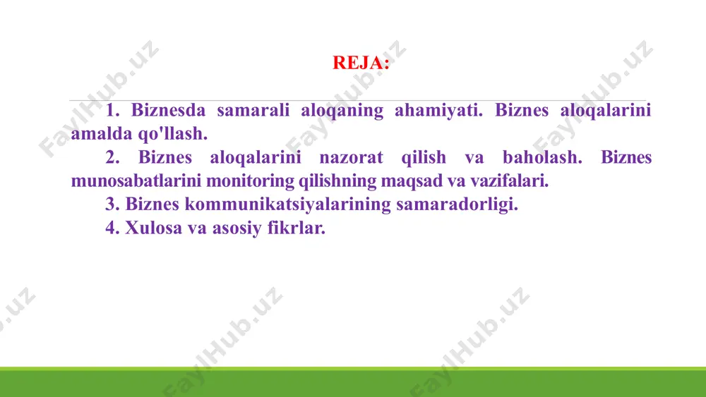 miy vazifa yoki muammoni hal etish uchun hamkorligi; 2. konkurensiya – defitsit qadriyatlar yoki boyliklarga egalik qilish uchun individual yoki guruhiy kurash; 3. konflikt – konkurent tomonlarning ochiq yoki yopiq shakldagi to‘qnashuvlari. biznesda samarali aloqaning ahamiyati. 1 xabarni aniq yetkazib berish. barcha biznes aloqalarida qisqa va aniq xabarlar muhimligini tushunadi. 2 ishbilarmonlik aloqalarini rivojlantirish. samarali muloqot orqali mijozlar va manfaatdor tomonlar bilan mustahkam aloqalar o'rnatadi. 3 mojarolarni hal qilish. samarali kommunikatsiyaning nizolarni qanday hal qilishi va umumiy biznes samaradorligini oshirishi mumkinligini o'rganish. 9 biznes kommunikatsiya turlari verbal kommunikatsiya u shaxsiy suhbatlar va telefon suhbatlarini o'z ichiga oladi. non-verbal kommunikatsiya tana tili, imo-ishoralar va yuz ifodalarining biznes munosabatlariga ta'sirini o'rganish. yozma muloqot biznes muhitida yozma yozishmalar, elektron pochta xabarlari va hisobotlarning ahamiyatini muhokama qilish. 10 turli biznes stsenariylari uchun kommunikatsiya strategiyalari. 1 muzokaralar texnikasi. biznes munosabatlarida muvaffaqiyatli muzokaralar uchun samarali strategiyalar. 2 manfaatdor tomonlarga taqdimot. samarali taqdimotlar qilish va manfaatdor tomonlarni …