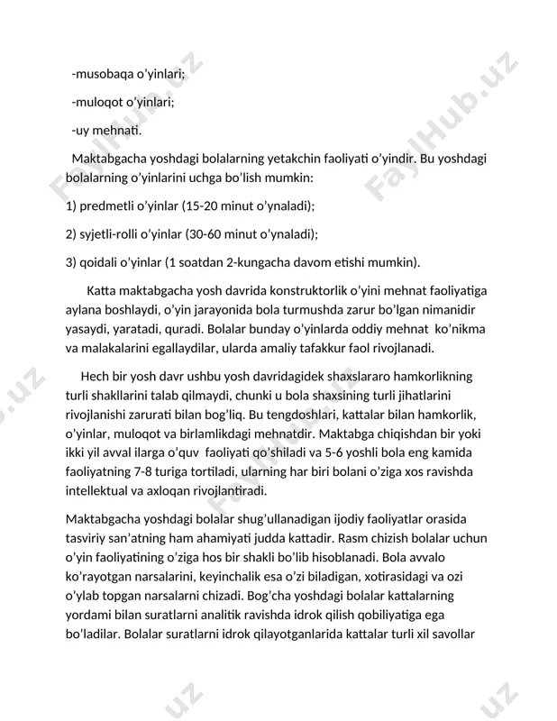 iy tafakkur faol rivojlanadi. hech bir yosh davr ushbu yosh davridagidek shaxslararo hamkorlikning turli shakllarini talab qilmaydi, chunki u bola shaxsining turli jihatlarini rivojlanishi zarurati bilan bog’liq. bu tengdoshlari, kattalar bilan hamkorlik, o’yinlar, muloqot va birlamlikdagi mehnatdir. maktabga chiqishdan bir yoki ikki yil avval ilarga o’quv faoliyati qo’shiladi va 5-6 yoshli bola eng kamida faoliyatning 7-8 turiga tortiladi, ularning har biri bolani o’ziga xos ravishda intellektual va axloqan rivojlantiradi. maktabgacha yoshdagi bolalar shug’ullanadigan ijodiy faoliyatlar orasida tasviriy san’atning ham ahamiyati judda kattadir. rasm chizish bolalar uchun o’yin faoliyatining o’ziga hos bir shakli bo’lib hisoblanadi. bola avvalo ko’rayotgan narsalarini, keyinchalik esa o’zi biladigan, xotirasidagi va ozi o’ylab topgan narsalarni chizadi. bog’cha yoshdagi bolalar kattalarning yordami bilan suratlarni analitik ravishda idrok qilish qobiliyatiga ega bo’ladilar. bolalar suratlarni idrok qilayotganlarida kattalar turli xil savollar bilan ularni tahlil qilishga o’rgatishlari lozim. bunda, asosan, bolalar diqqatini: suratning mazmunini(syujetini) to’g’ri idrok qilishga; suratning umumiy lo’rinishida har …