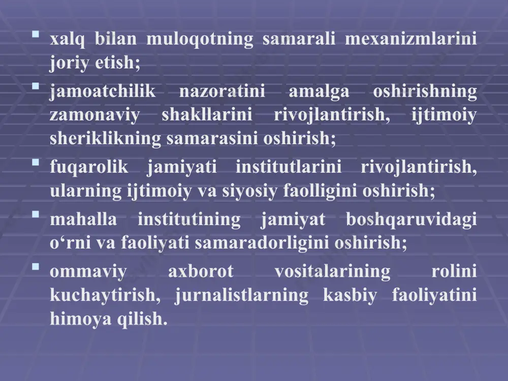 tlar yaratish; qishloq xo‘jaligi mahsulotlarini chuqur qayta ishlash, yarim tayyor va tayyor oziq-ovqat hamda qadoqlash mahsulotlarini ishlab chiqarish bo‘yicha eng zamonaviy yuqori texnologik asbob-uskunalar bilan jihozlangan yangi qayta ishlash korxonalarini qurish, mavjudlarini rekonstruksiya va modernizatsiya qilish bo‘yicha investitsiya loyihalarini amalga oshirish; qishloq xo‘jaligi mahsulotlarini saqlash, tashish va sotish, agrokimyo, moliyaviy va boshqa zamonaviy bozor xizmatlari ko‘rsatish infratuzilmasini yanada kengaytirish; sug‘oriladigan yerlarning meliorativ holatini yanada yaxshilash, melioratsiya va irrigatsiya obyektlari tarmoqlarini rivojlantirish, qishloq xo‘jaligi ishlab chiqarish sohasiga intensiv usullarni, eng avvalo, suv va resurslarni tejaydigan zamonaviy agrotexnologiyalarni joriy etish, unumdorligi yuqori bo‘lgan qishloq xo‘jaligi texnikasidan foydalanish; kasallik va zararkunandalarga chidamli, mahalliy yer-iqlim va ekologik sharoitlarga moslashgan qishloq xo‘jaligi ekinlarining yangi seleksiya navlarini hamda yuqori mahsuldorlikka ega hayvonot zotlarini yaratish va ishlab chiqarishga joriy etish bo‘yicha ilmiy-tadqiqot ishlarini kengaytirish; global iqlim o‘zgarishlari va orol dengizi qurishining qishloq xo‘jaligi rivojlanishi hamda aholining hayot faoliyatiga salbiy ta’sirini yumshatish bo‘yicha tizimli chora-tadbirlar ko‘rish. iv. ijtimoiy …